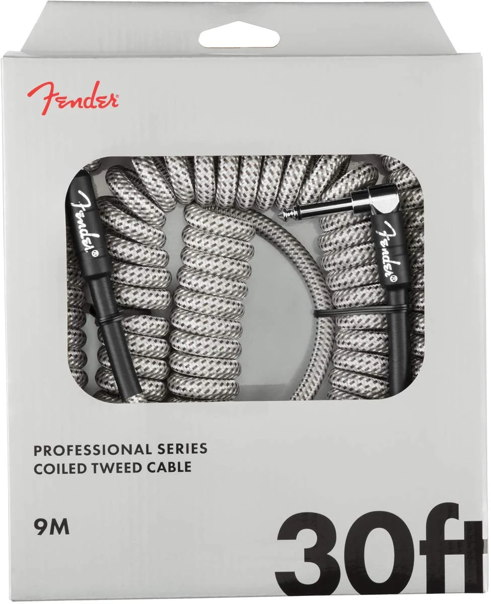 Fender Professional Series Tweed Coiled Instrument Cable, Guitar Cable, Stocking Stuffers, Guitar Accessories, Straight/Angle, White, 30ft Grey Tweed