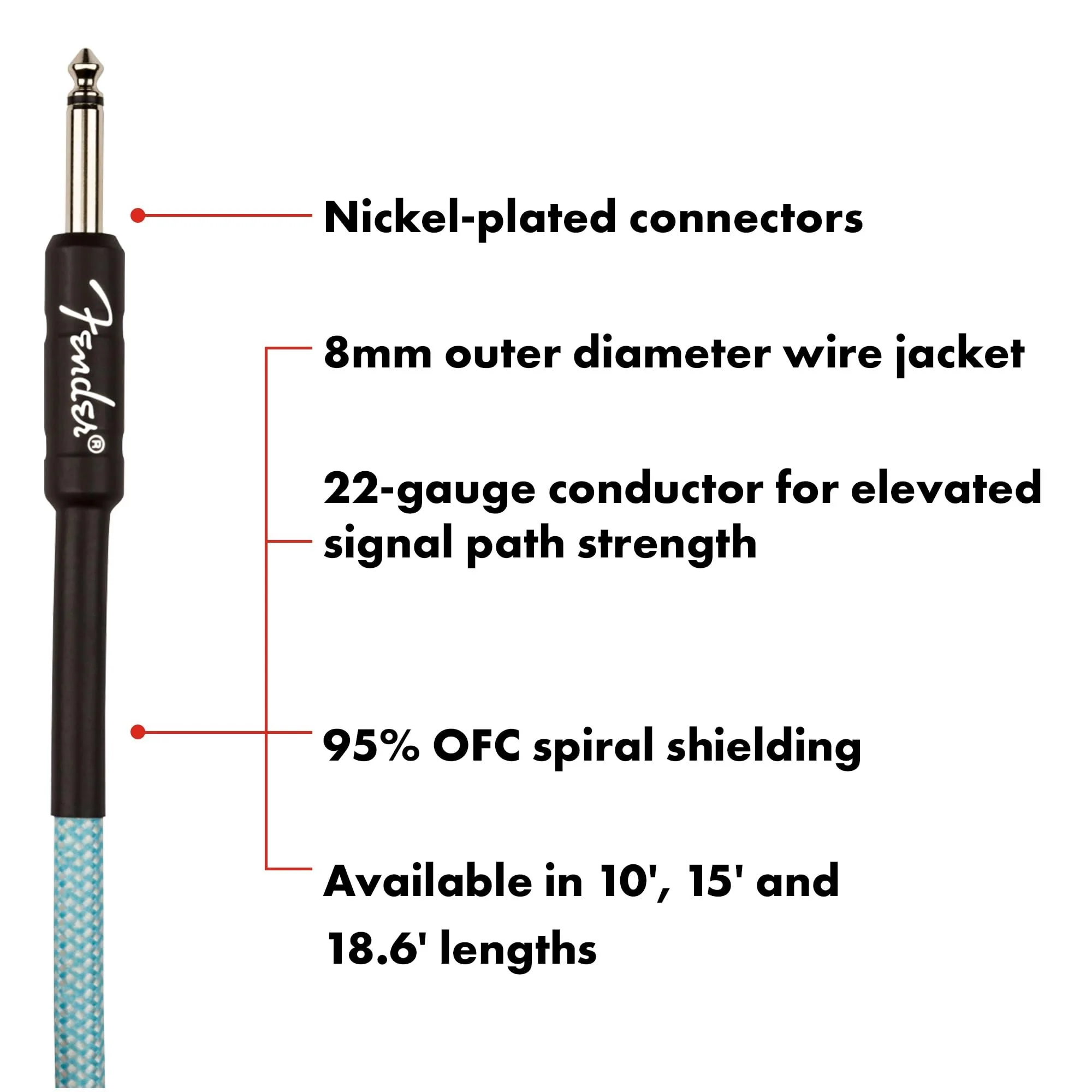 Fender Professional Series Tweed Instrument Cable, Guitar Cable, Stocking Stuffers, Guitar Accessories with 1-Year Warranty, Straight/Straight, Anti-Kinking Design, Daphne Blue, 18.6ft - Image 2