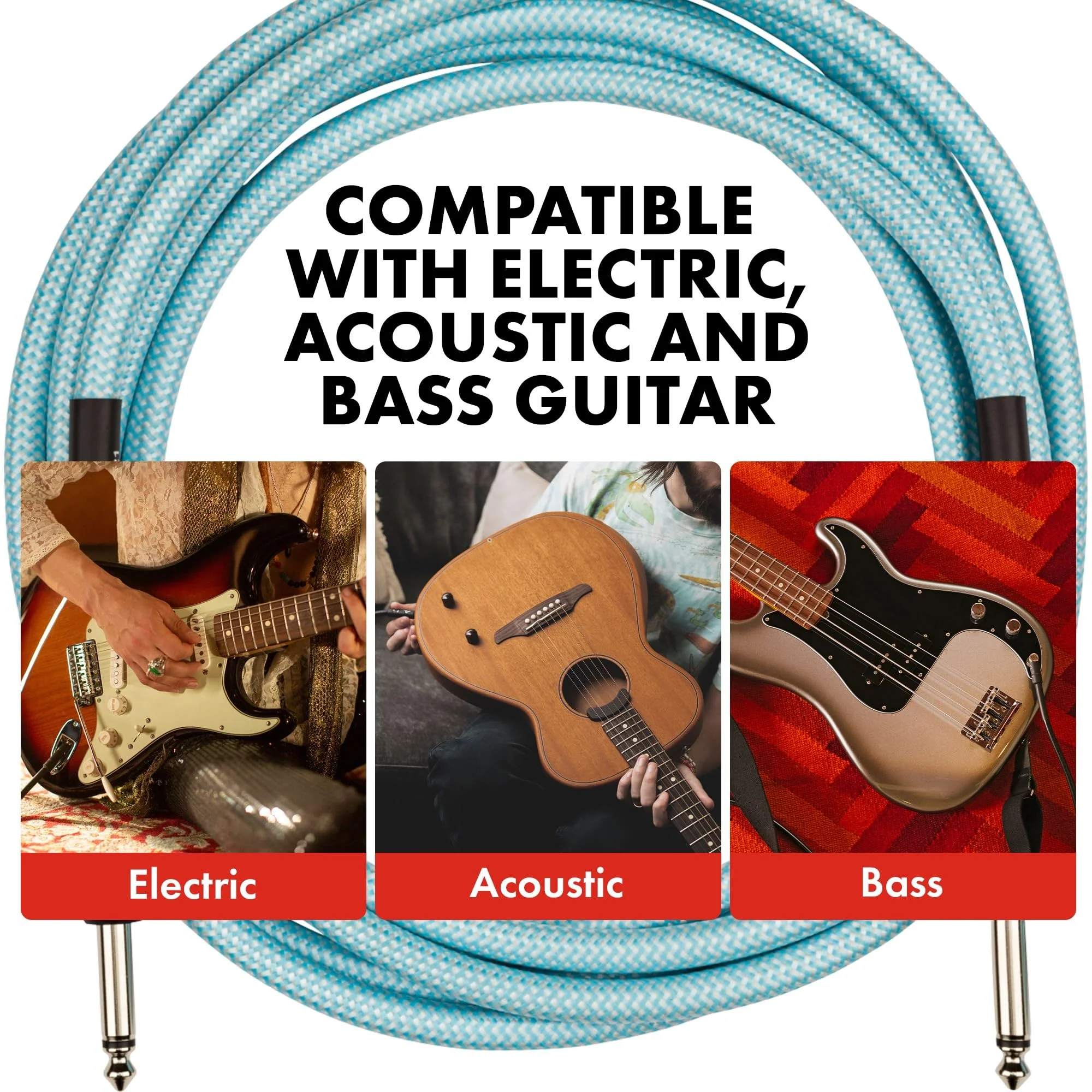 Fender Professional Series Tweed Instrument Cable, Guitar Cable, Stocking Stuffers, Guitar Accessories with 1-Year Warranty, Straight/Straight, Anti-Kinking Design, Daphne Blue, 18.6ft - Image 3
