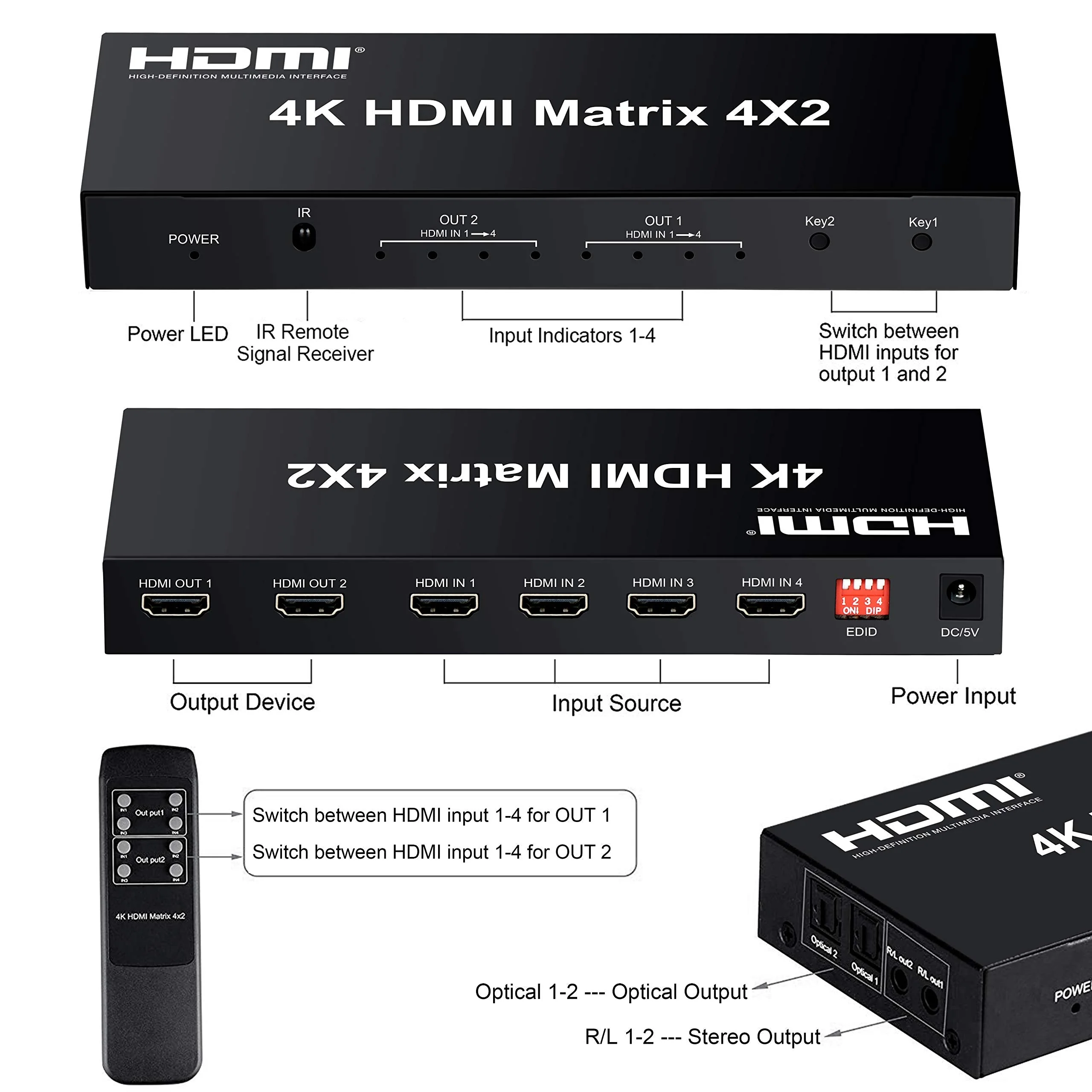 FERRISA 4x2 HDMI Matrix Switch, 4 in 2 Out Matrix HDMI Video Switcher Splitter +Optical & L/R Audio Output,Support Ultra HD 4K, 3D 1080P, Audio EDID Extractor with IR Remote Control 4K 30Hz 4 to 2 - Image 8