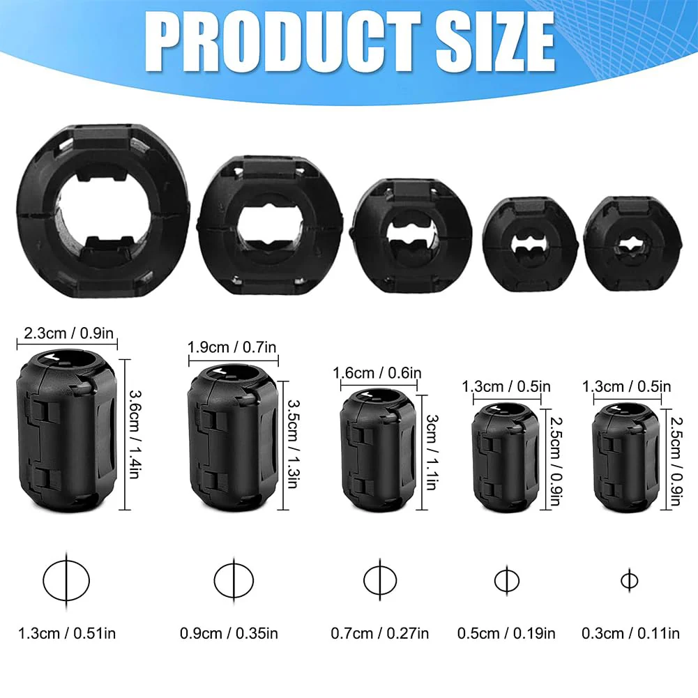 Ferrite Cores - Pack of 15 Ferrite Cores for Cables, Power Cable, USB, Coils, Inner Diameter 3.5 mm, 5 mm, 7 mm, 9 mm, 13 mm, Black Folding Ferrite Noise Reduction - Image 2