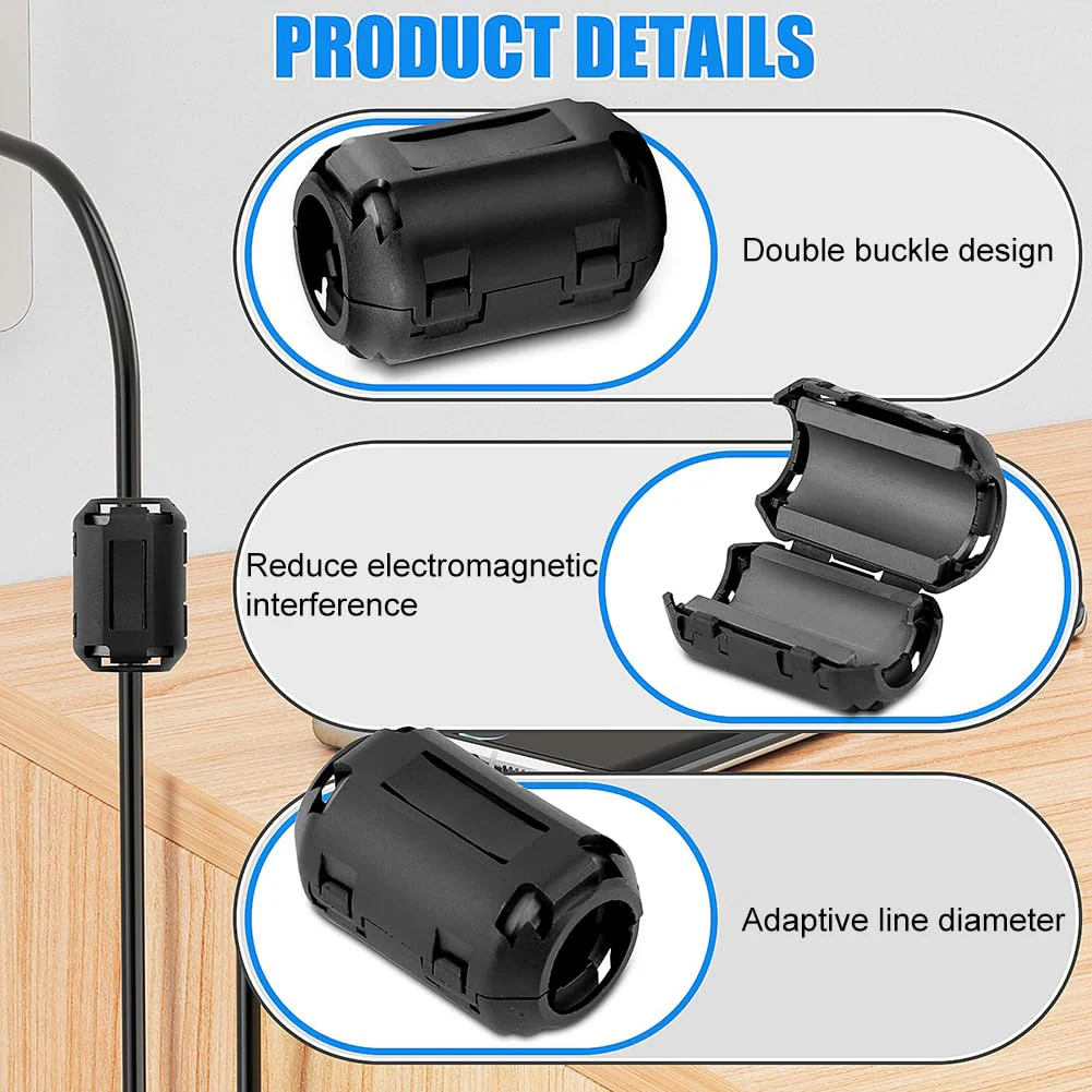 Ferrite Cores - Pack of 15 Ferrite Cores for Cables, Power Cable, USB, Coils, Inner Diameter 3.5 mm, 5 mm, 7 mm, 9 mm, 13 mm, Black Folding Ferrite Noise Reduction - Image 3