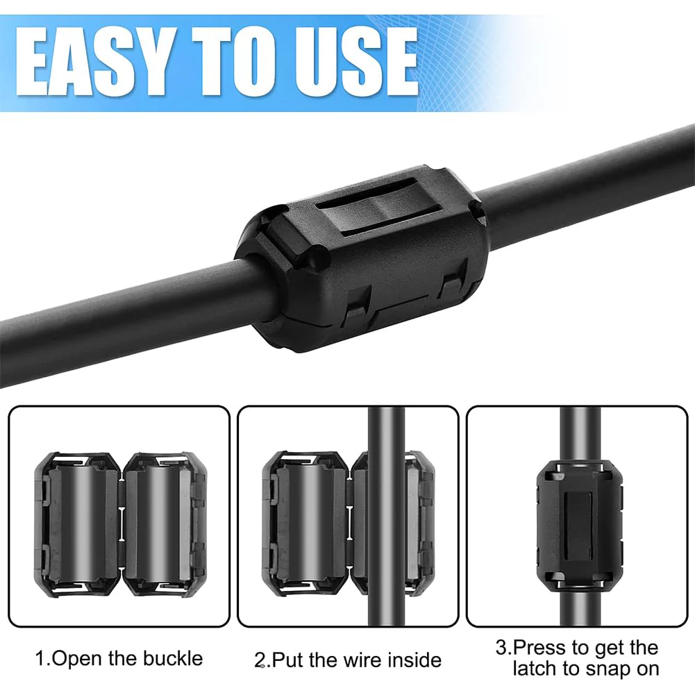 Ferrite Cores - Pack of 15 Ferrite Cores for Cables, Power Cable, USB, Coils, Inner Diameter 3.5 mm, 5 mm, 7 mm, 9 mm, 13 mm, Black Folding Ferrite Noise Reduction - Image 4