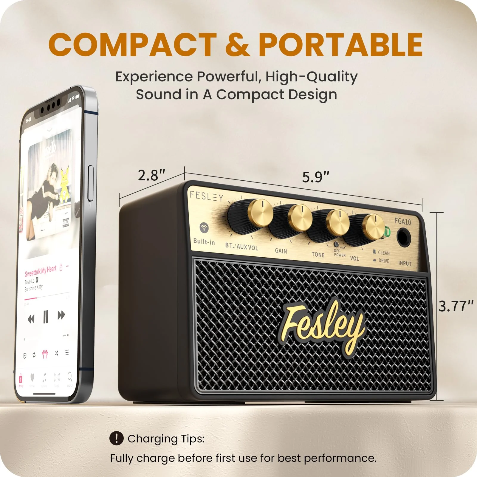 Fesley Mini Guitar Amp: 10W Portable Recharged Guitar Amplifier, Bluetooth Amp with Clean and Drive Channels, Mini Amplificador for Practice with 3.5mm Headphone Output, FGA10 - Image 2