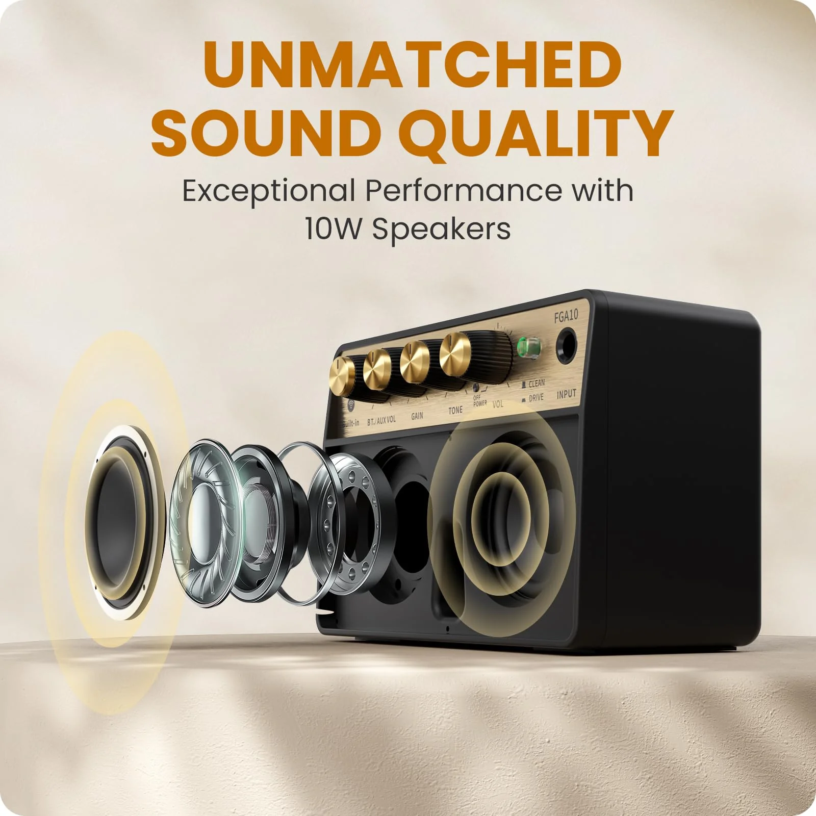 Fesley Mini Guitar Amp: 10W Portable Recharged Guitar Amplifier, Bluetooth Amp with Clean and Drive Channels, Mini Amplificador for Practice with 3.5mm Headphone Output, FGA10 - Image 3