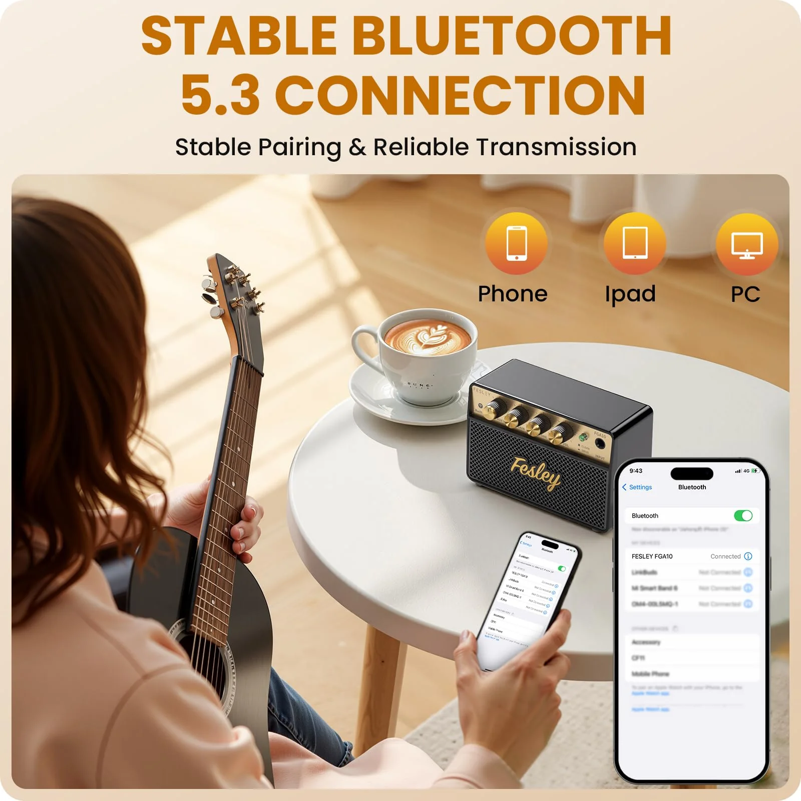 Fesley Mini Guitar Amp: 10W Portable Recharged Guitar Amplifier, Bluetooth Amp with Clean and Drive Channels, Mini Amplificador for Practice with 3.5mm Headphone Output, FGA10 - Image 5