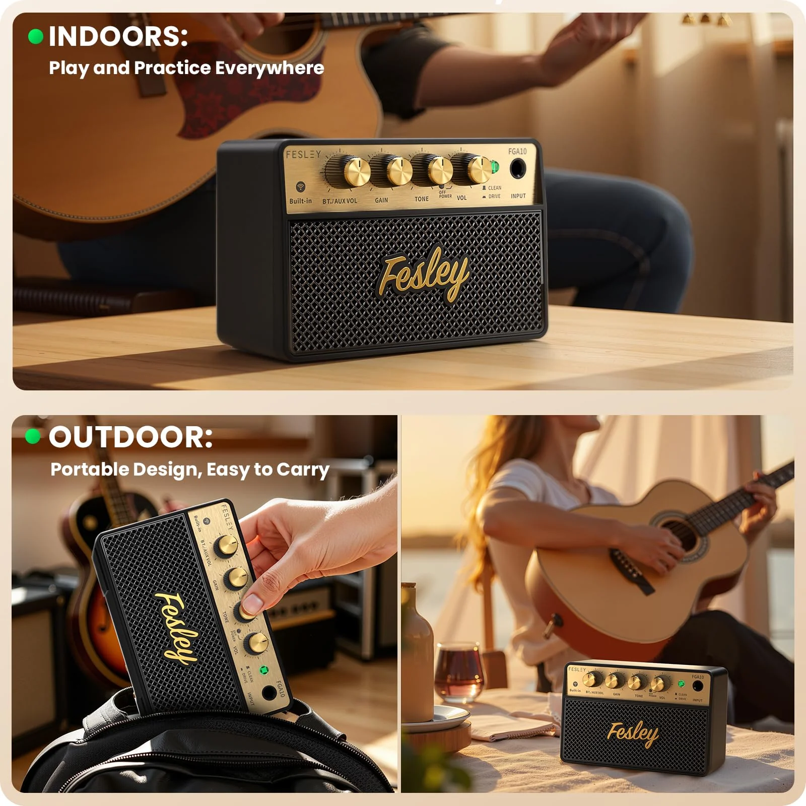 Fesley Mini Guitar Amp: 10W Portable Recharged Guitar Amplifier, Bluetooth Amp with Clean and Drive Channels, Mini Amplificador for Practice with 3.5mm Headphone Output, FGA10 - Image 7