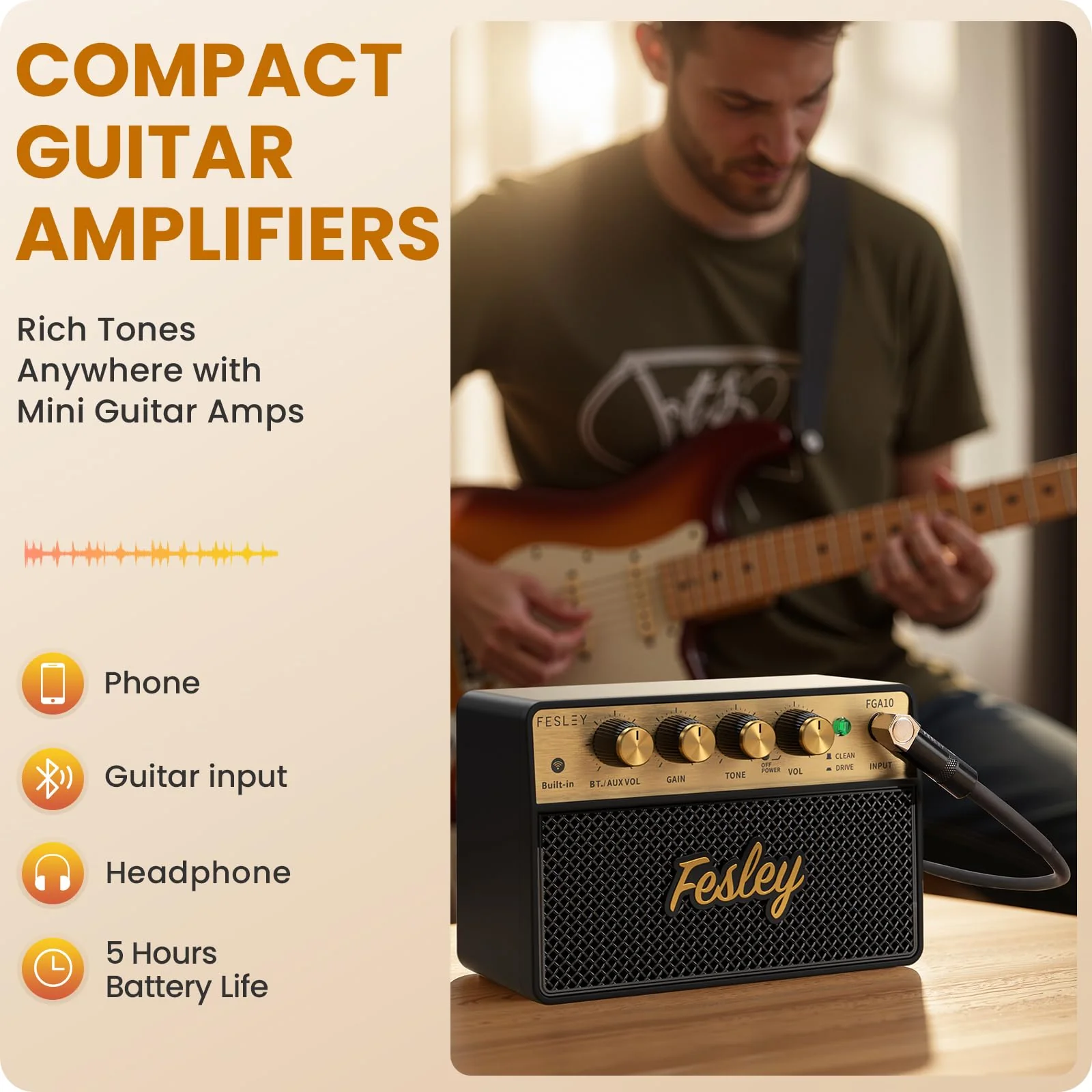 Fesley Mini Guitar Amp: 10W Portable Recharged Guitar Amplifier, Bluetooth Amp with Clean and Drive Channels, Mini Amplificador for Practice with 3.5mm Headphone Output, FGA10 - Image 8