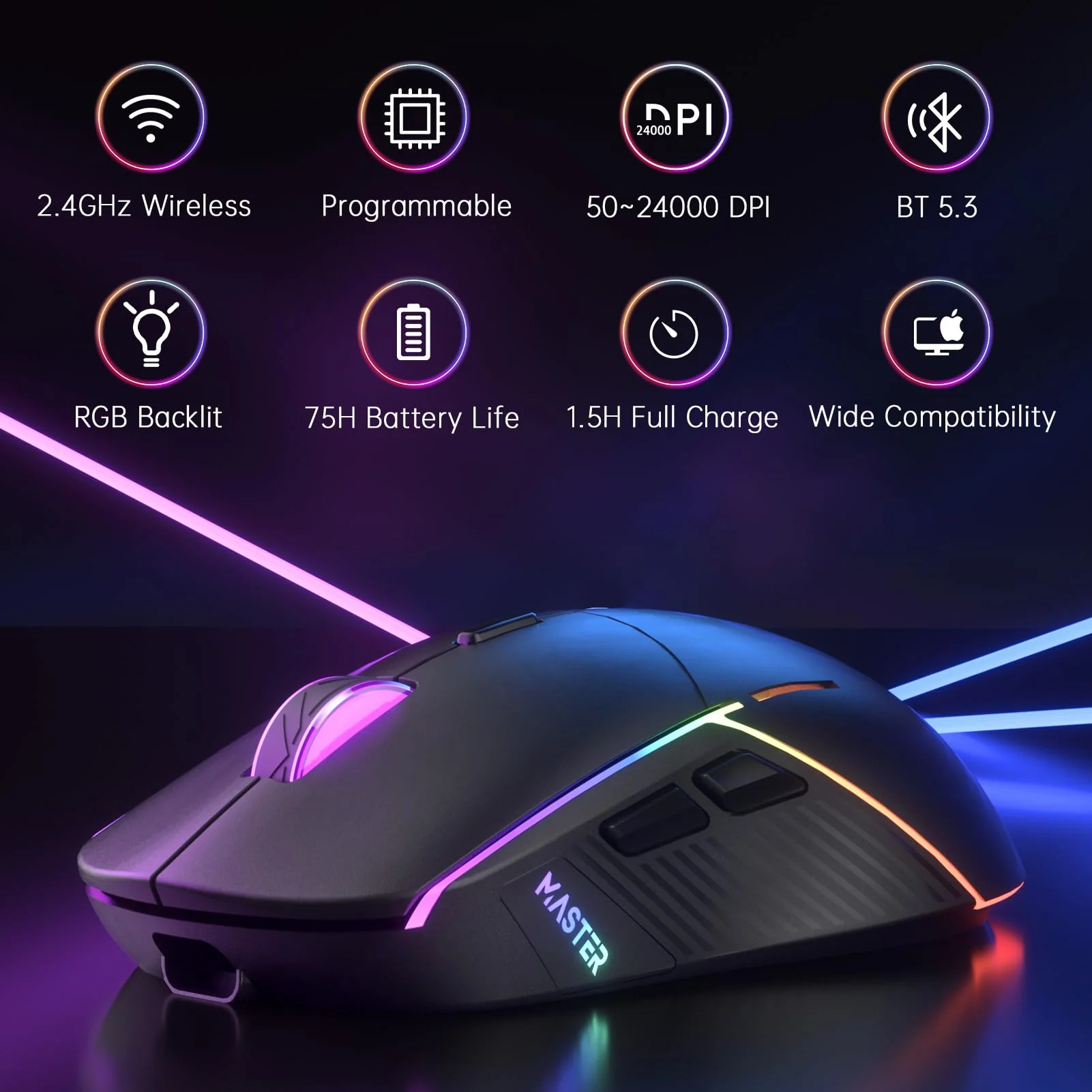 FFJ Wireless Gaming Mouse, 24000 DPI, Tri-Mode 2.4G/USB-C/Bluetooth 5.3 Gaming Mouse Wireless, RGB Programmable Mouse Gamer, 75Hrs Battery Life, Rechargeable Gaming Mice for PC, Mac, PS5, Xbox-Black Black - Image 2