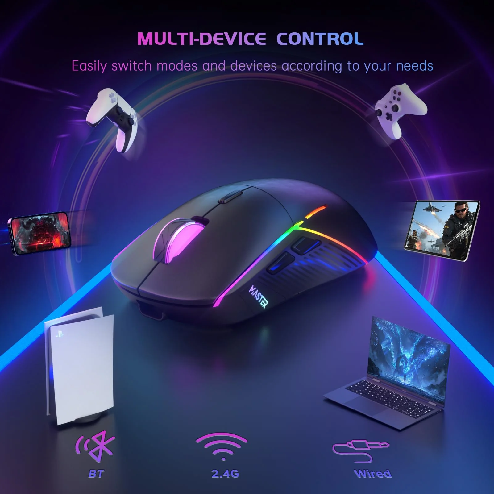 FFJ Wireless Gaming Mouse, 24000 DPI, Tri-Mode 2.4G/USB-C/Bluetooth 5.3 Gaming Mouse Wireless, RGB Programmable Mouse Gamer, 75Hrs Battery Life, Rechargeable Gaming Mice for PC, Mac, PS5, Xbox-Black Black - Image 8