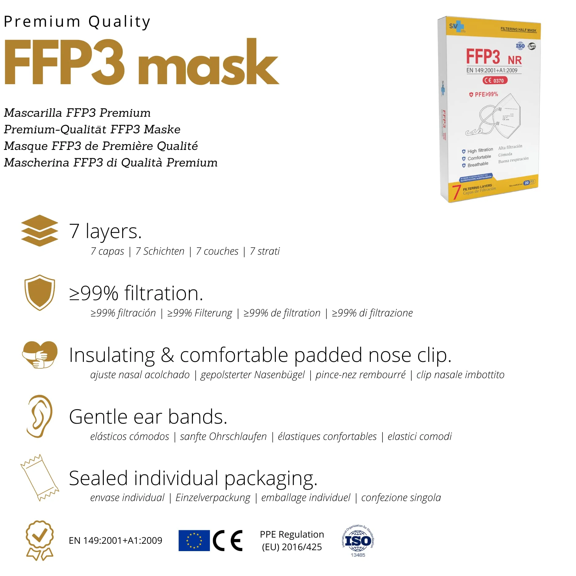 FFP3 Mask with 7 Layers, CE Certified, High Protection >99%, Individual Packaging, Non-Reusable, Adult Size, without Valve, Pack of 20 - Image 2