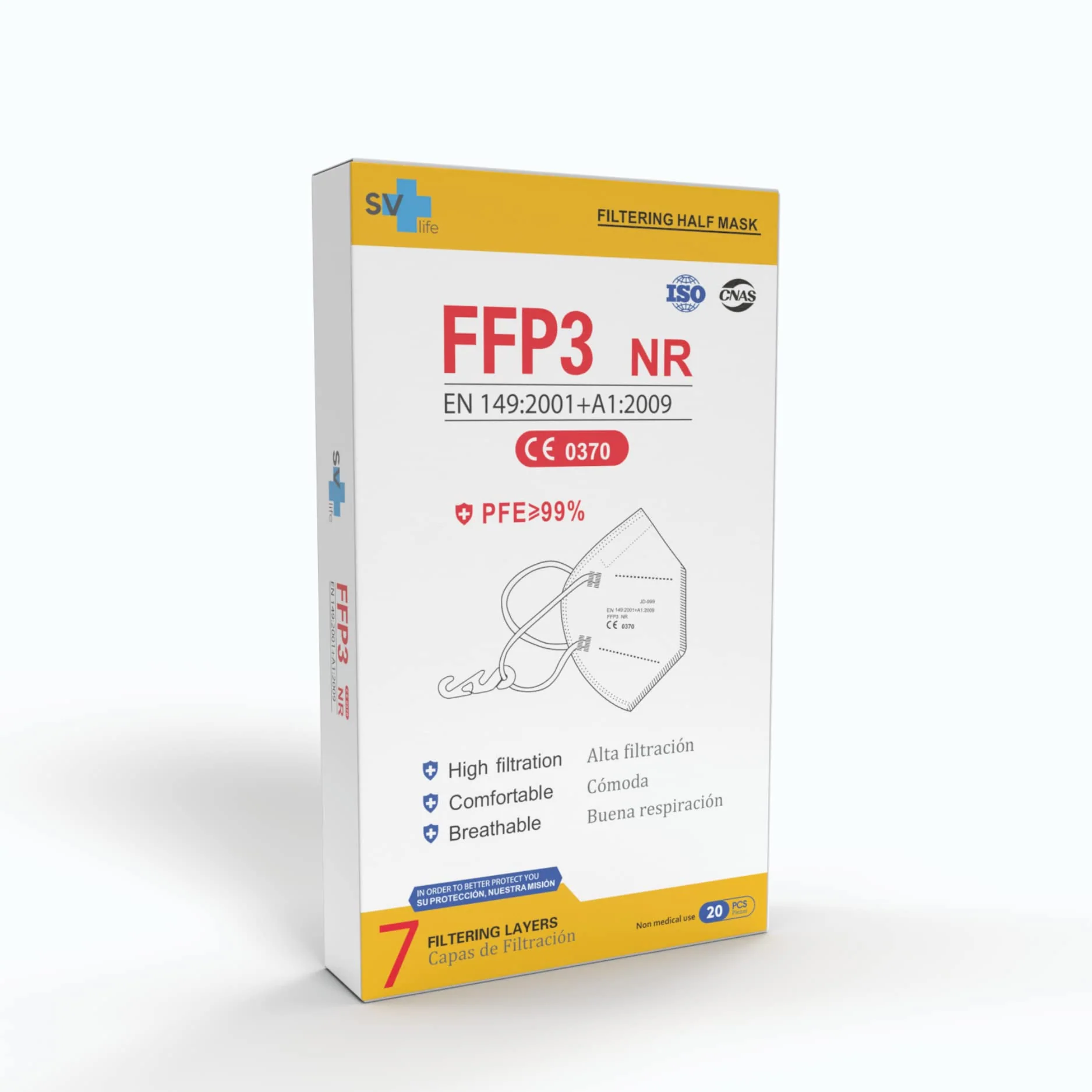 FFP3 Mask with 7 Layers, CE Certified, High Protection >99%, Individual Packaging, Non-Reusable, Adult Size, without Valve, Pack of 20 - Image 6