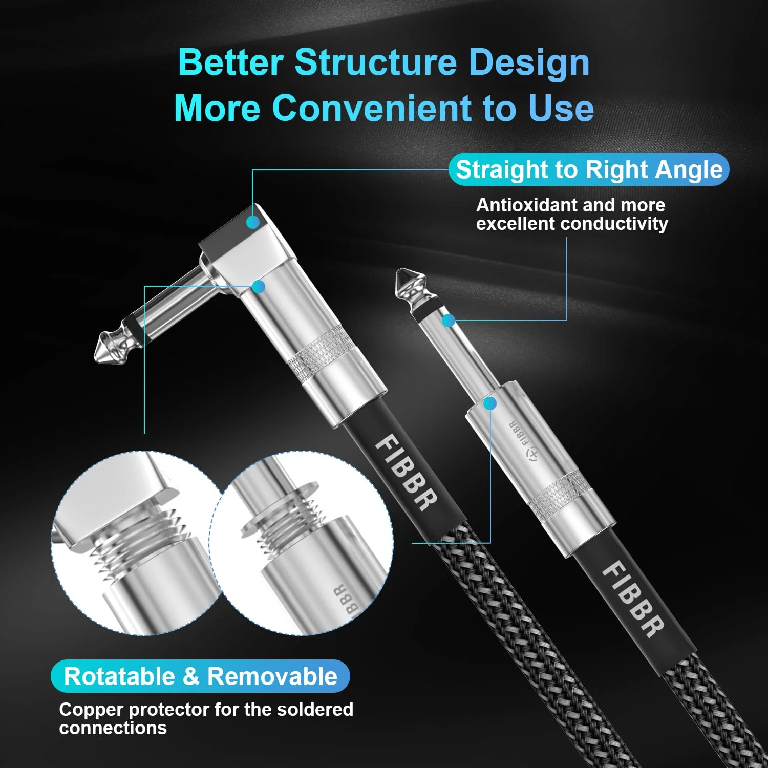 FIBBR Guitar Cable(2Pack-10ft), Right Angle 1/4 Instrument Cable for Electric Bass Guitar, Electric Mandolin, Pro Audio 10ft-2pack-Right Angle - Image 3