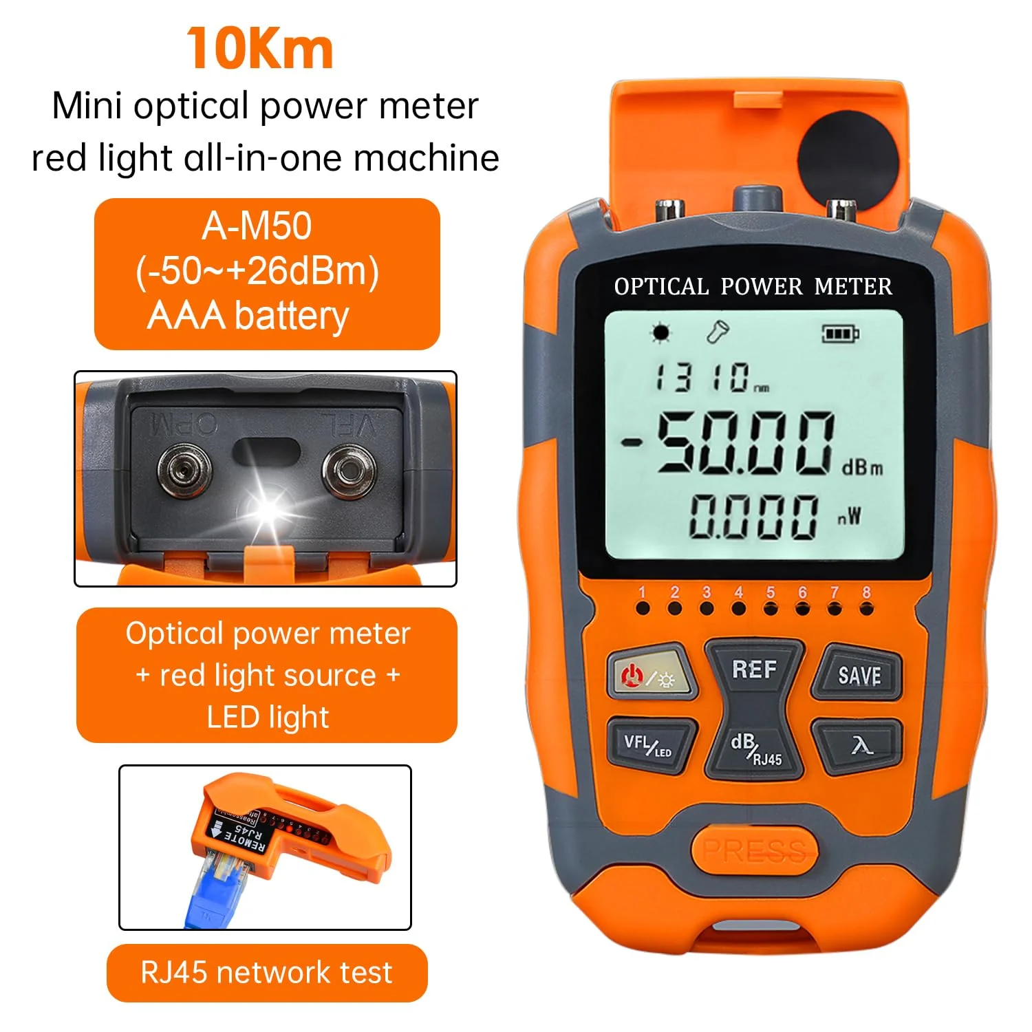 Fiber Optic Tester Portable Fiber Light Power Meter -50~26dBm, SC/FC/ST Universal Interface Built-in 10Km Fault Detector with FC to LC Adapter 1PC M50 & 10Km 1PC - Image 3