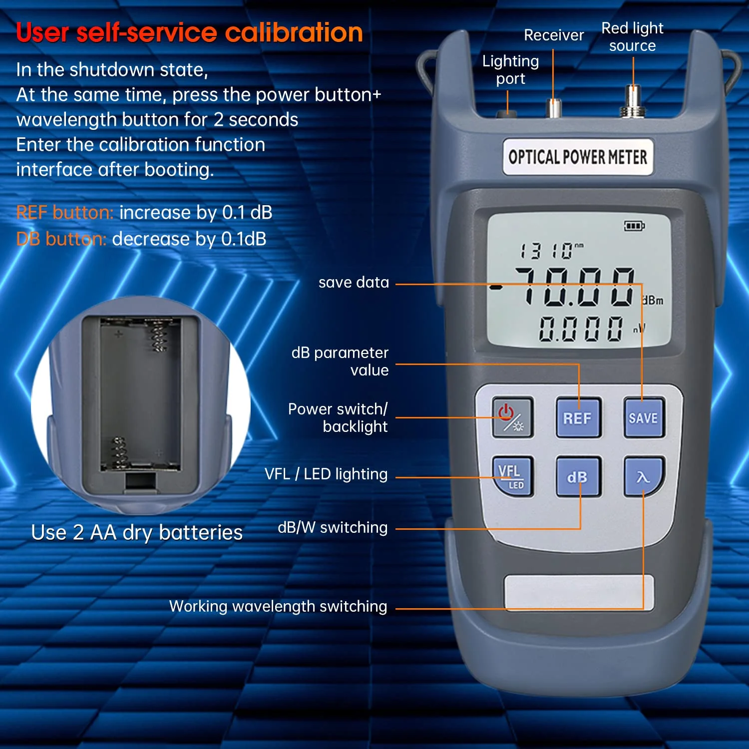 Fiber Optical Power Meter with 10Km Light Source SC FC Connector, -70~10dBm, 10 Optic Wave Length, Optic Test Equipment for CCTV Communication Engineering - Image 5