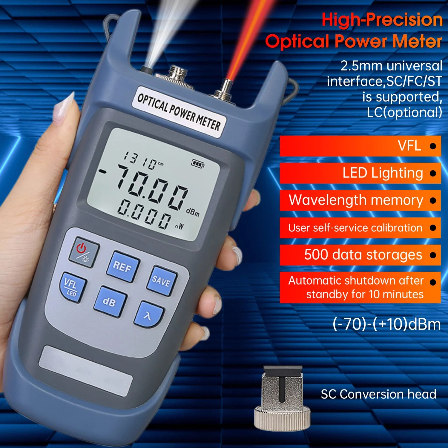 Fiber Optical Power Meter with 10Km Light Source SC FC Connector, -70~10dBm, 10 Optic Wave Length, Optic Test Equipment for CCTV Communication Engineering - Image 6
