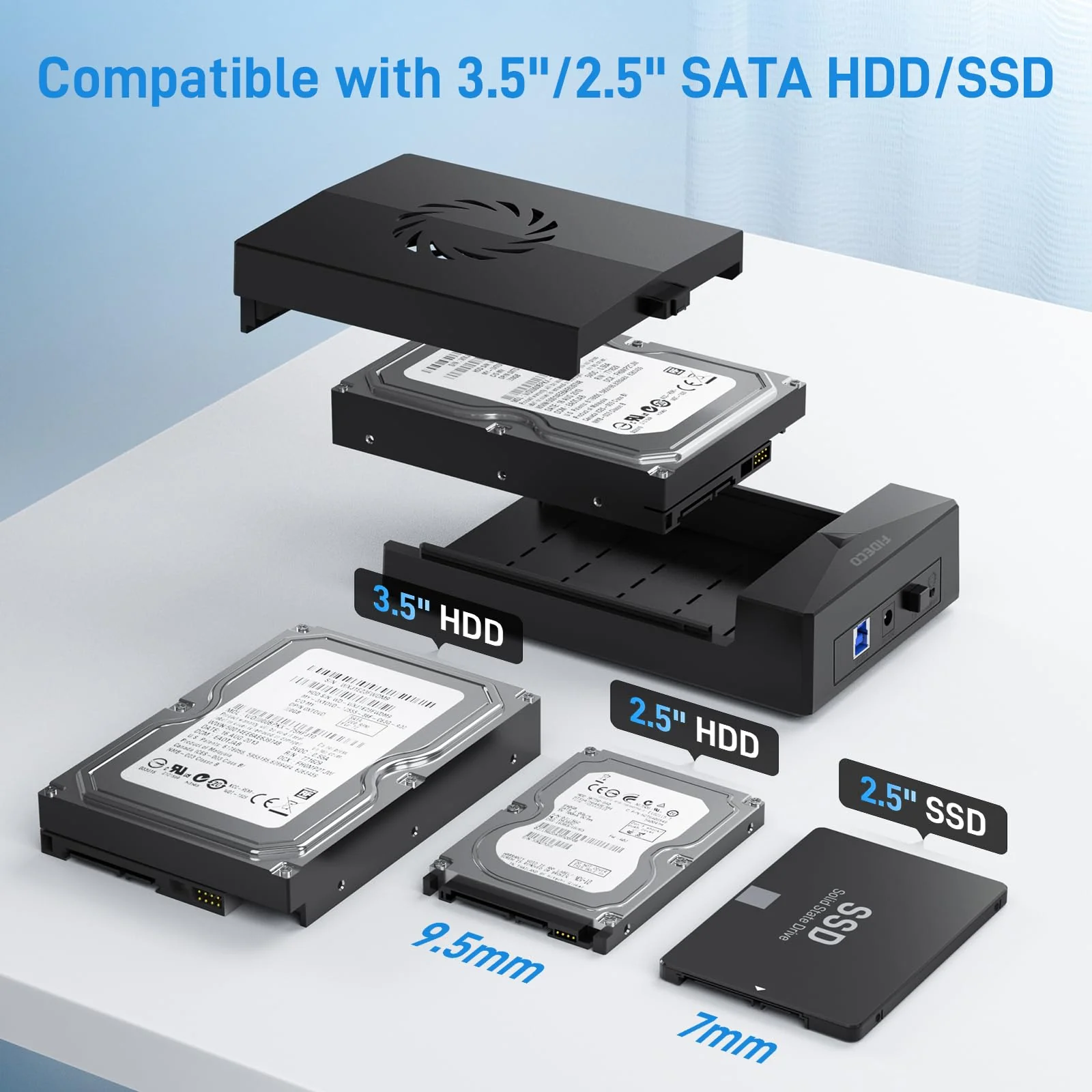 FIDECO Hard Drive Enclosure, USB 3.0 to SATA Hard Drive Docking Station for 3.5 or 2.5 inch SATA HDD SSD with Cooling Fan, 12V Power Adapter Included, Support UASP Dark Black - Image 4