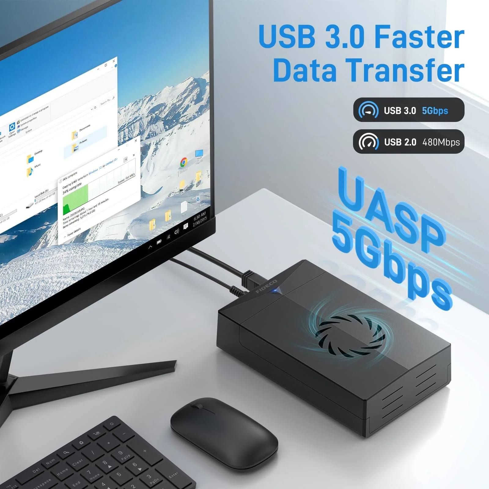 FIDECO Hard Drive Enclosure, USB 3.0 to SATA Hard Drive Docking Station for 3.5 or 2.5 inch SATA HDD SSD with Cooling Fan, 12V Power Adapter Included, Support UASP Dark Black - Image 6