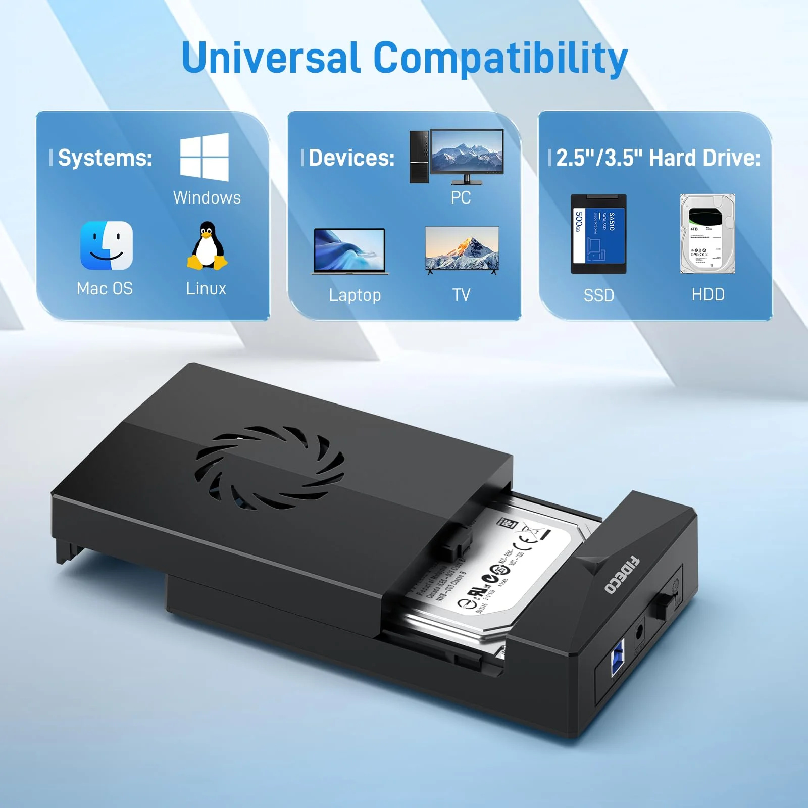 FIDECO Hard Drive Enclosure, USB 3.0 to SATA Hard Drive Docking Station for 3.5 or 2.5 inch SATA HDD SSD with Cooling Fan, 12V Power Adapter Included, Support UASP Dark Black - Image 7