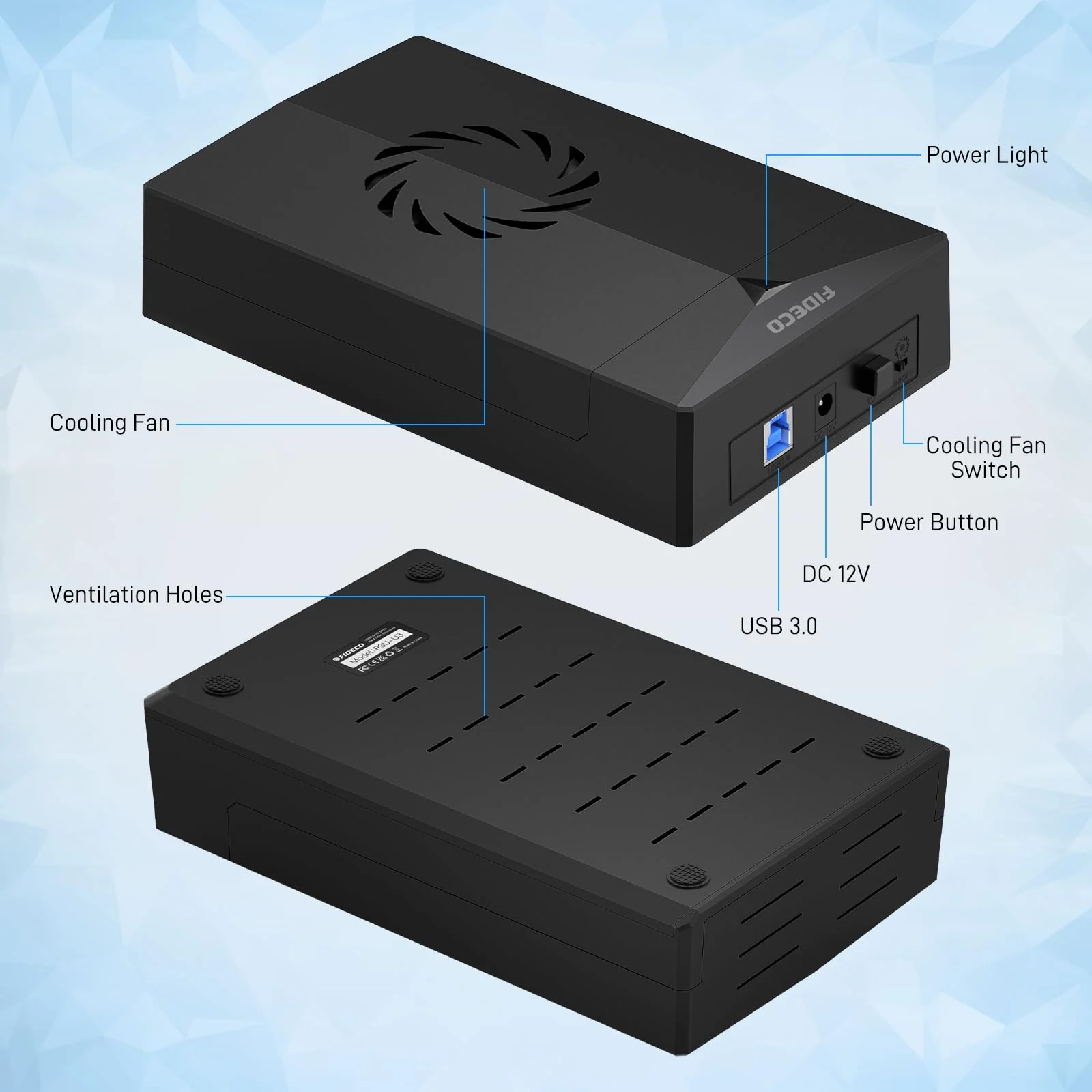 FIDECO Hard Drive Enclosure, USB 3.0 to SATA Hard Drive Docking Station for 3.5 or 2.5 inch SATA HDD SSD with Cooling Fan, 12V Power Adapter Included, Support UASP Dark Black - Image 9
