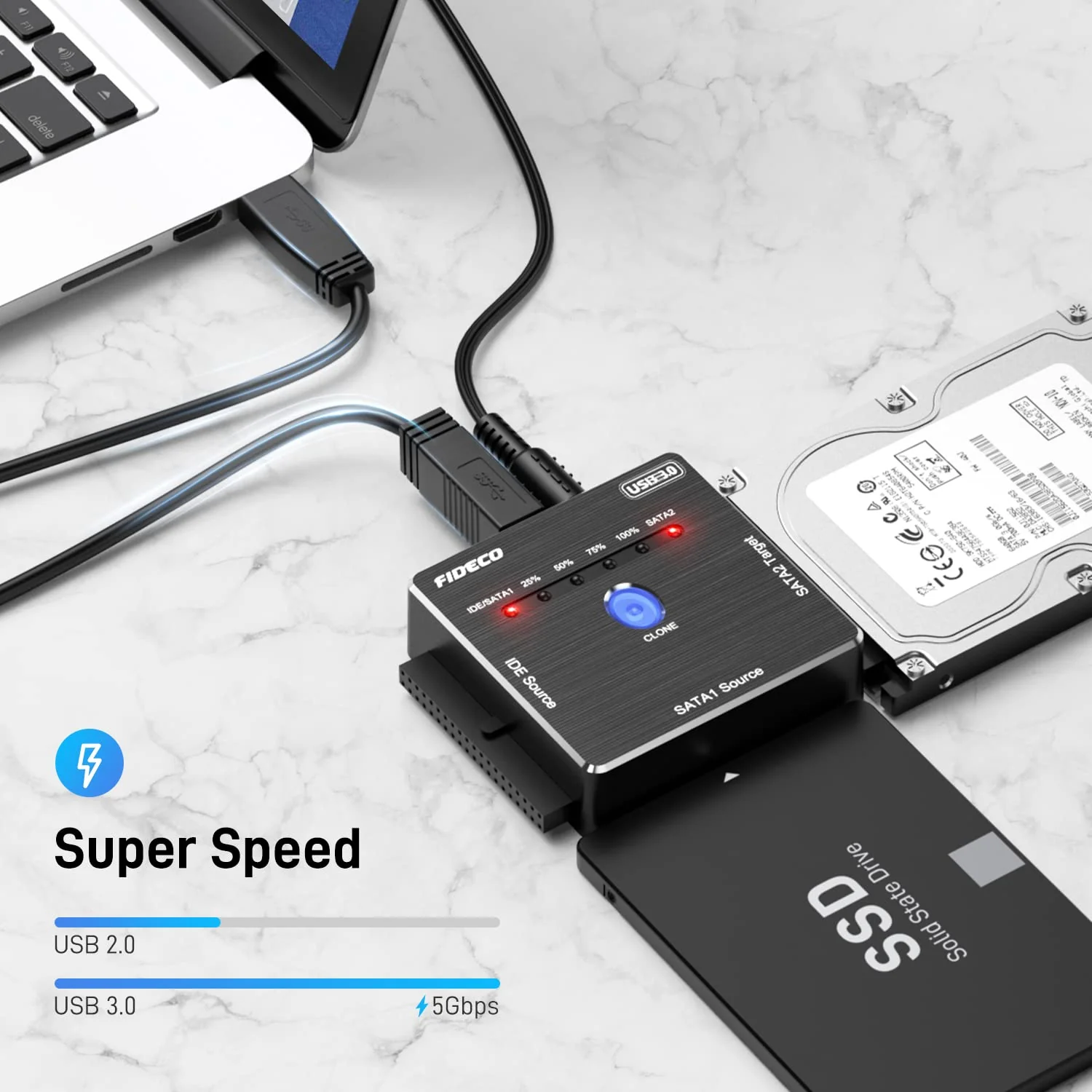 FIDECO SATA/IDE to USB 3.0 Adapter, Hard Drive Adapter Cable for Universal 2.5/3.5 Inch IDE/SATA External HDD SSD, 5.25-Inch DVD-ROM/CD-ROM/CD-RW, Offline One Touch Clone, Support 16TB (Cable PL06) SATA/IDE Cable PL06 - Image 2