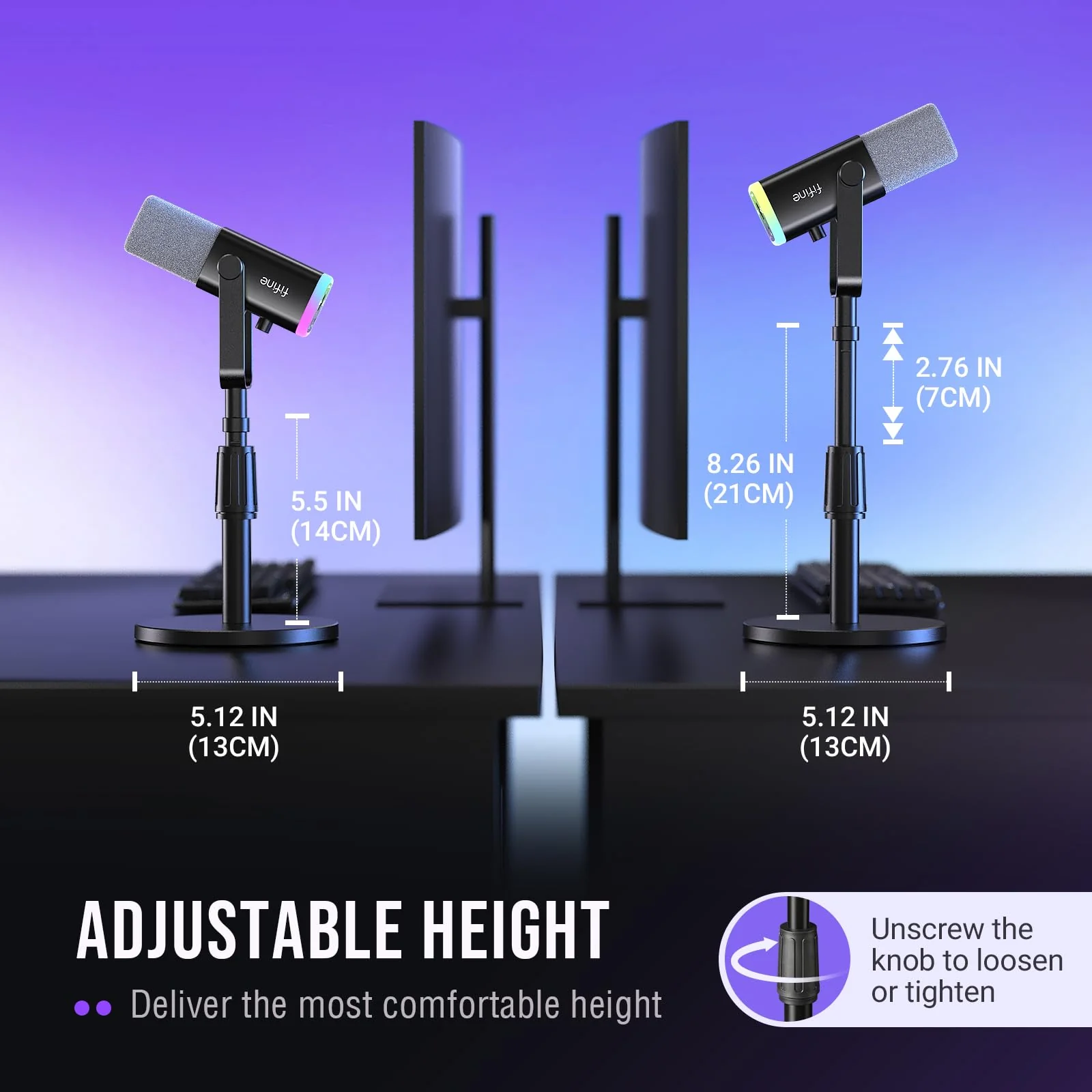 FIFINE Desktop Microphone Stand, Heavy-Duty Metal Adjustable Tabletop Mic Stand with 5/8" Male to 3/8" Female Screw Adapter, 4 Non-Slip Pads Compatible with Microphones for Recording, Streaming-BS1 - Image 2