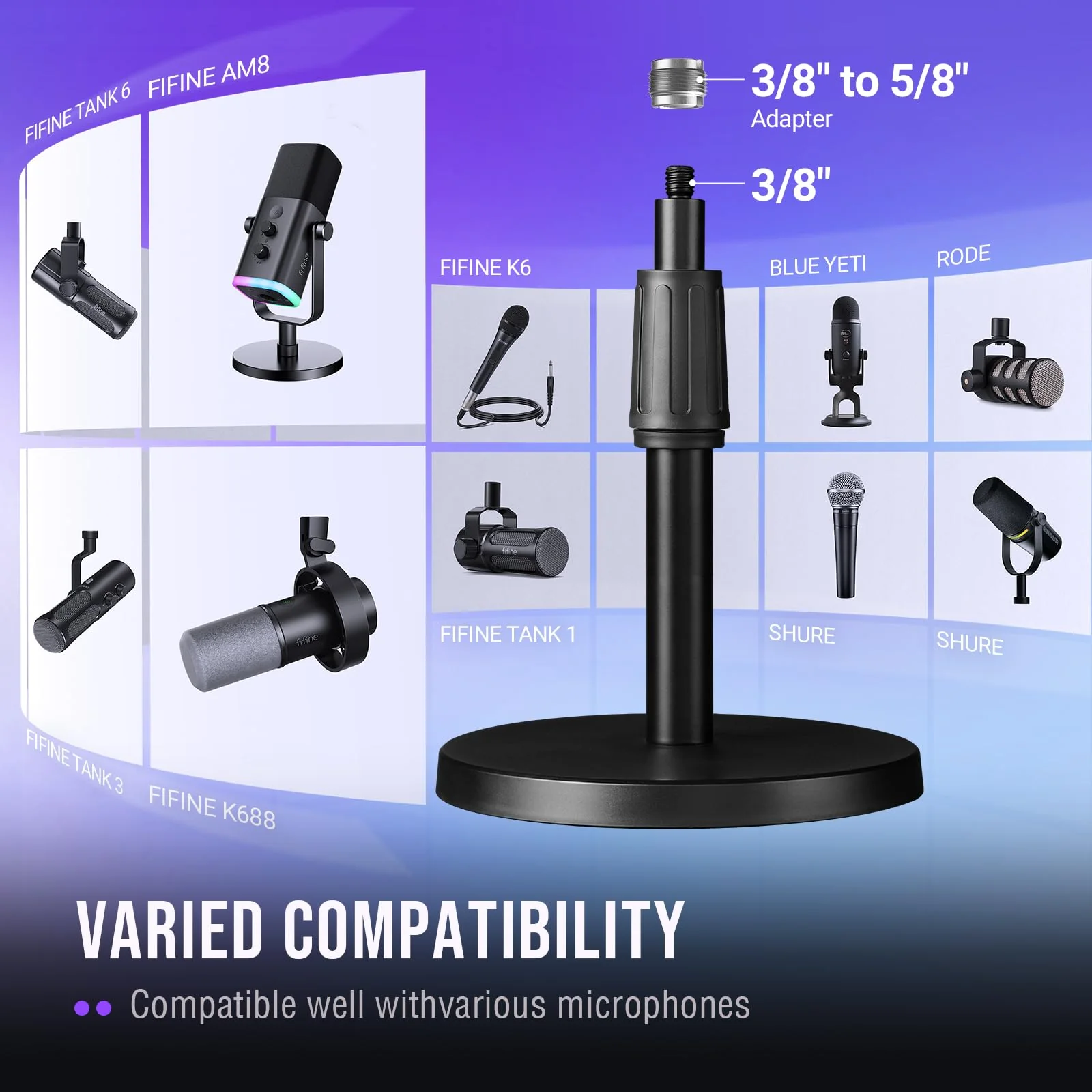 FIFINE Desktop Microphone Stand, Heavy-Duty Metal Adjustable Tabletop Mic Stand with 5/8" Male to 3/8" Female Screw Adapter, 4 Non-Slip Pads Compatible with Microphones for Recording, Streaming-BS1 - Image 4