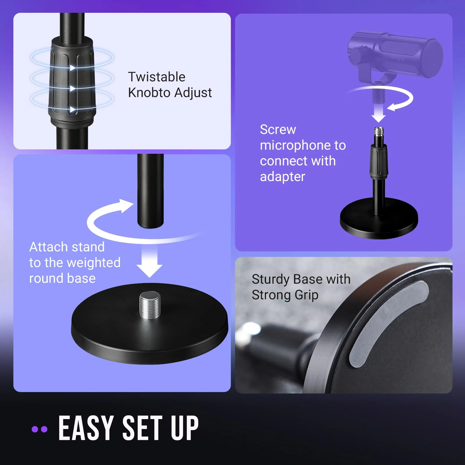 FIFINE Desktop Microphone Stand, Heavy-Duty Metal Adjustable Tabletop Mic Stand with 5/8" Male to 3/8" Female Screw Adapter, 4 Non-Slip Pads Compatible with Microphones for Recording, Streaming-BS1 - Image 6