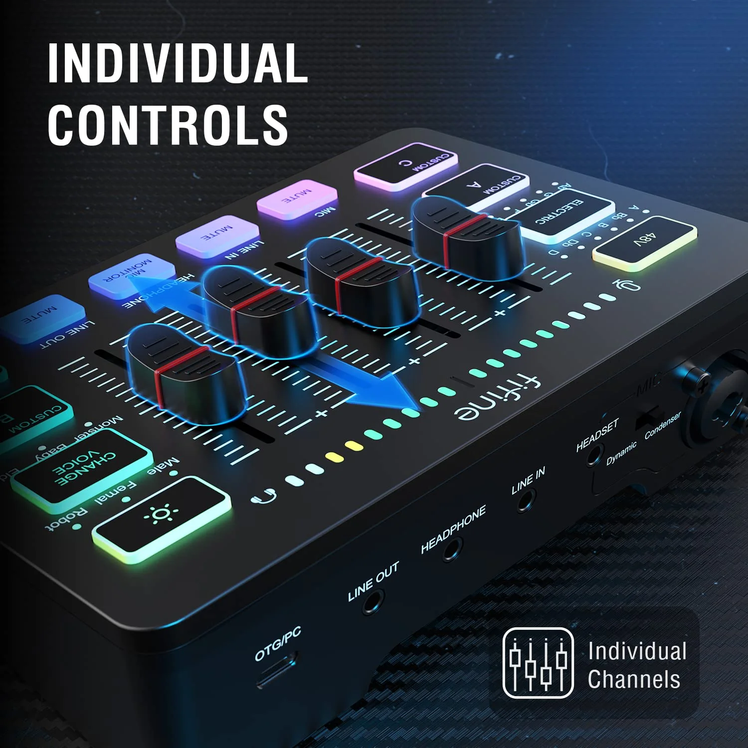 FIFINE Gaming Audio Mixer, Streaming RGB PC Mixer with XLR Microphone Interface, Individual Control, Volume Fader, Mute Button, 48V Phantom Power, for Podcast/Recording/Vocal/Game Voice-AmpliGame SC3 Black - Image 3