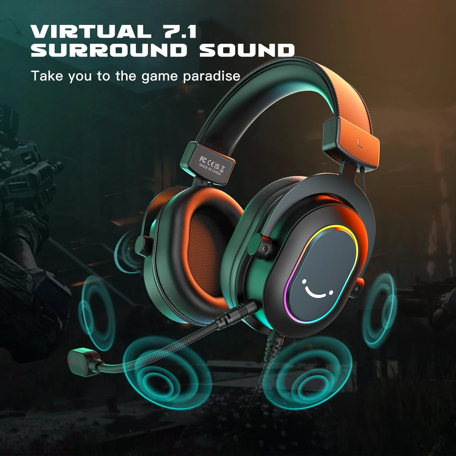 FIFINE Gaming Headset for PC-Wired Headphones with Microphone-7.1 Surround Sound Computer USB Headset for Laptop, Streaming Headphones on PS4/PS5, with EQ Mode, RGB, Soft Ear Pads - AmpliGame H6 Black - Image 2