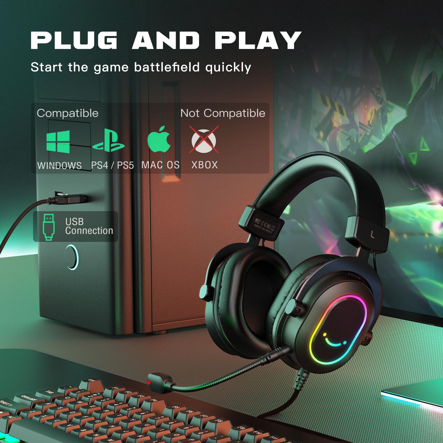 FIFINE Gaming Headset for PC-Wired Headphones with Microphone-7.1 Surround Sound Computer USB Headset for Laptop, Streaming Headphones on PS4/PS5, with EQ Mode, RGB, Soft Ear Pads - AmpliGame H6 Black - Image 6