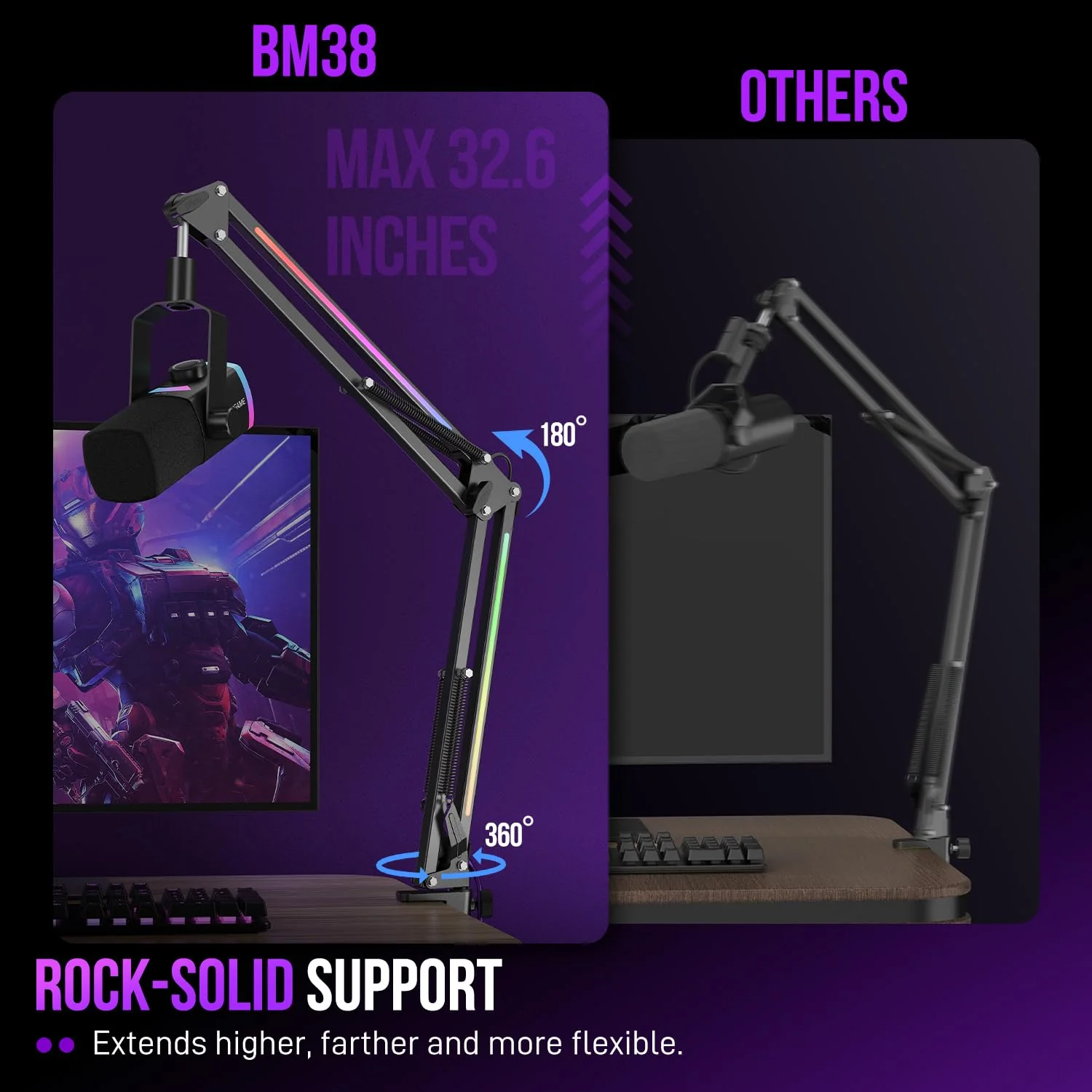 FIFINE Microphone Boom Arm, Metal Mic Arm Stand with RGB Control, 3/8” to 5/8” Screw Adapter, Desk Mount Clamp, Suspension Scissor Microphone Stand for Gaming Streaming-AmpliGame BM38 Black - Image 3