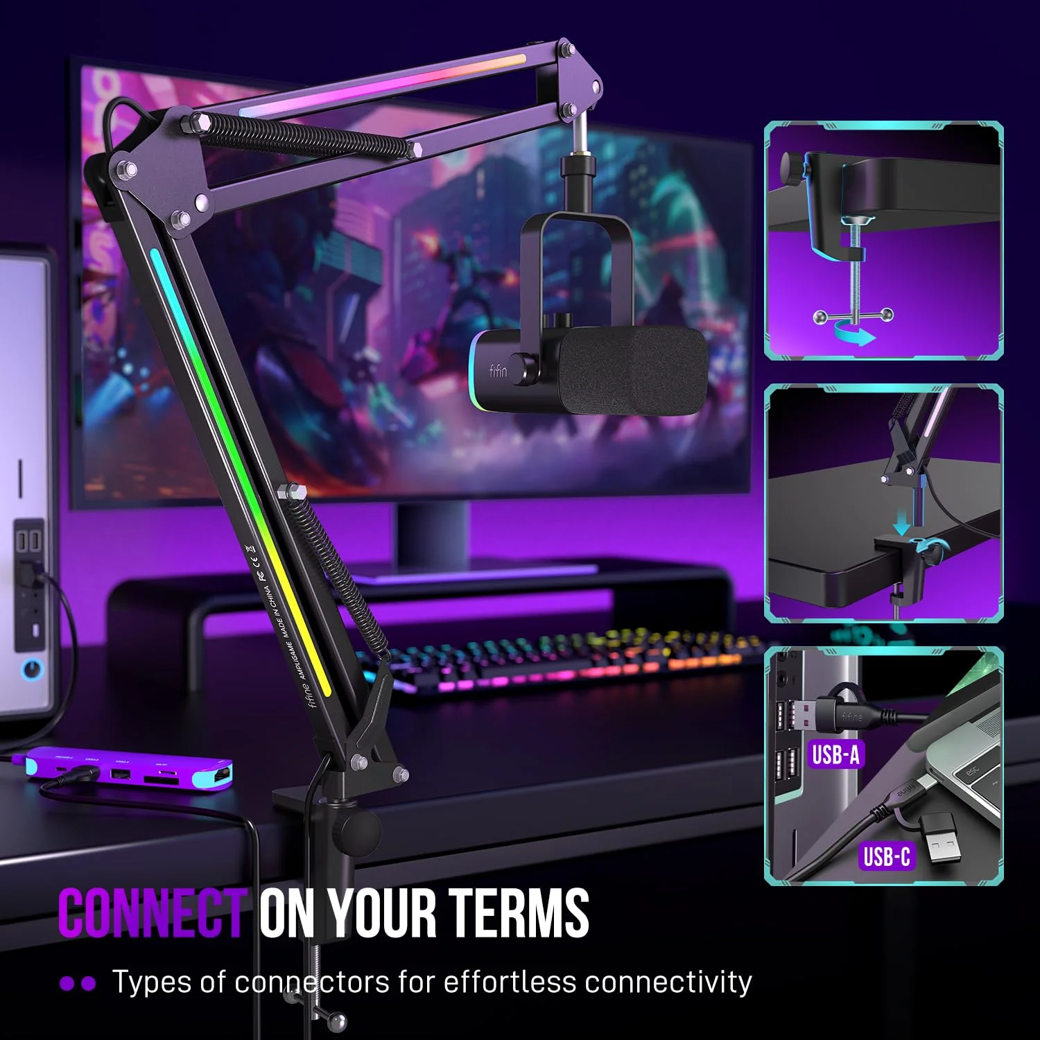 FIFINE Microphone Boom Arm, Metal Mic Arm Stand with RGB Control, 3/8” to 5/8” Screw Adapter, Desk Mount Clamp, Suspension Scissor Microphone Stand for Gaming Streaming-AmpliGame BM38 Black - Image 4