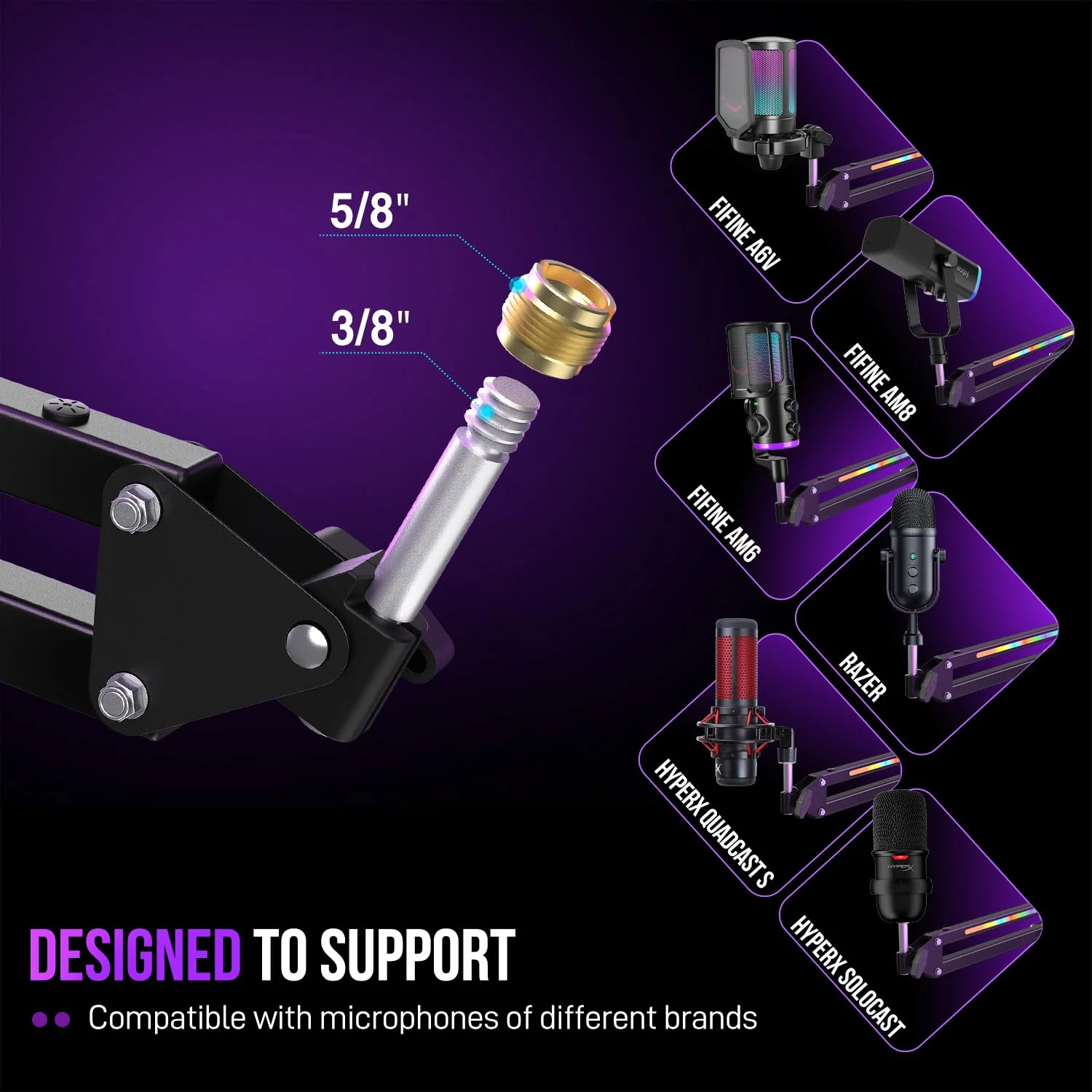 FIFINE Microphone Boom Arm, Metal Mic Arm Stand with RGB Control, 3/8” to 5/8” Screw Adapter, Desk Mount Clamp, Suspension Scissor Microphone Stand for Gaming Streaming-AmpliGame BM38 Black - Image 5