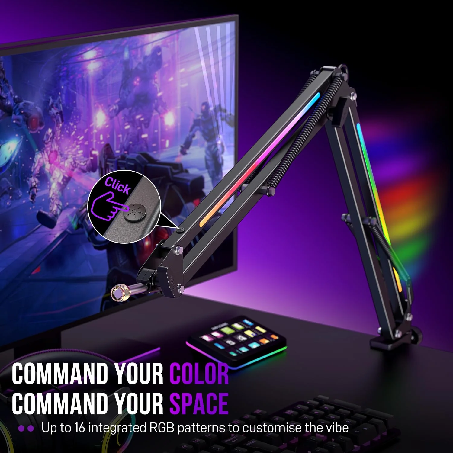 FIFINE Microphone Boom Arm, Metal Mic Arm Stand with RGB Control, 3/8” to 5/8” Screw Adapter, Desk Mount Clamp, Suspension Scissor Microphone Stand for Gaming Streaming-AmpliGame BM38 Black - Image 6
