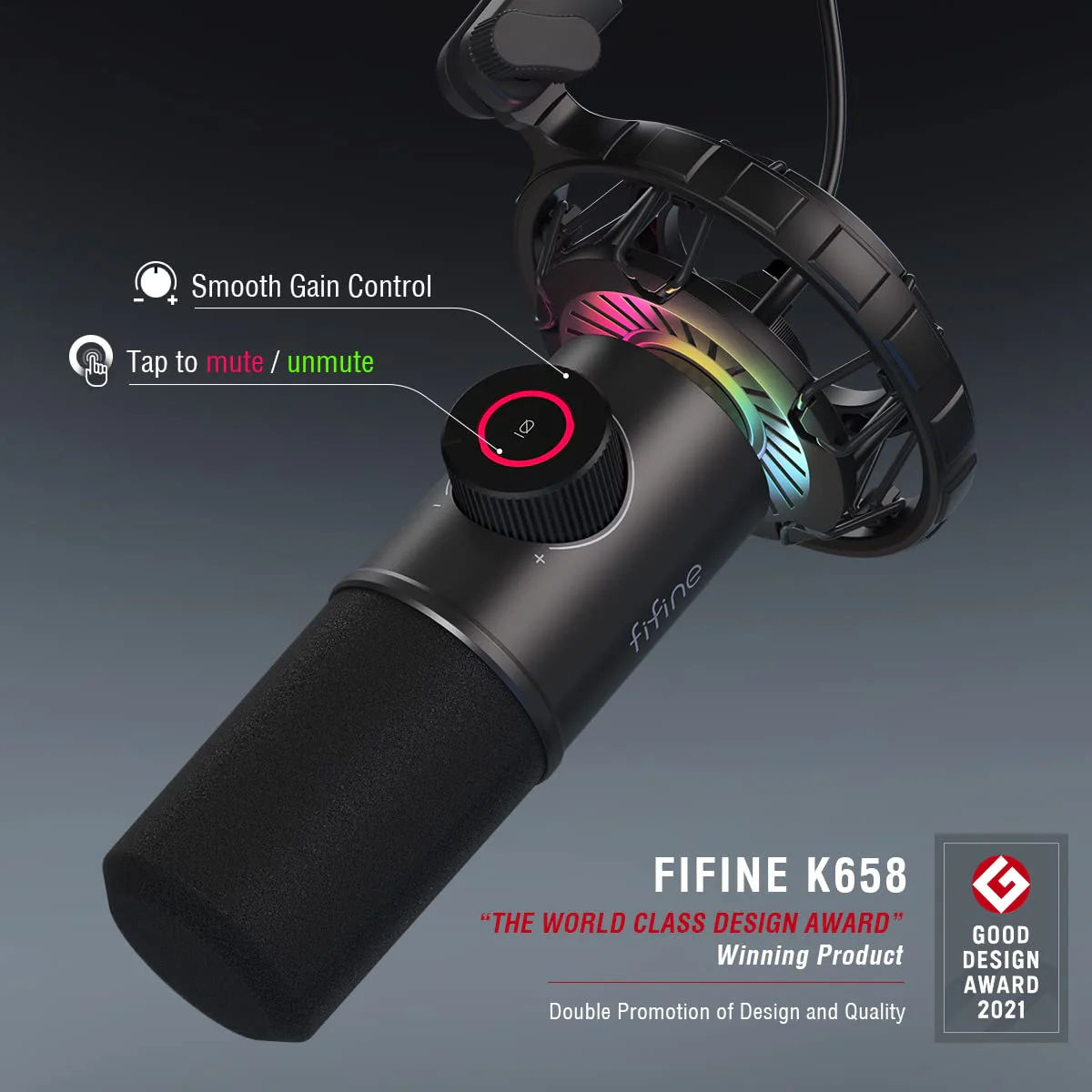 FIFINE USB Gaming Microphone, RGB Dynamic Mic for PC, with Tap-to-Mute Button, Plug & Play Cardioid Mic with Headphone Jack for Streaming, Podcast, Twitch, YouTube, Discord- K658 - Image 3