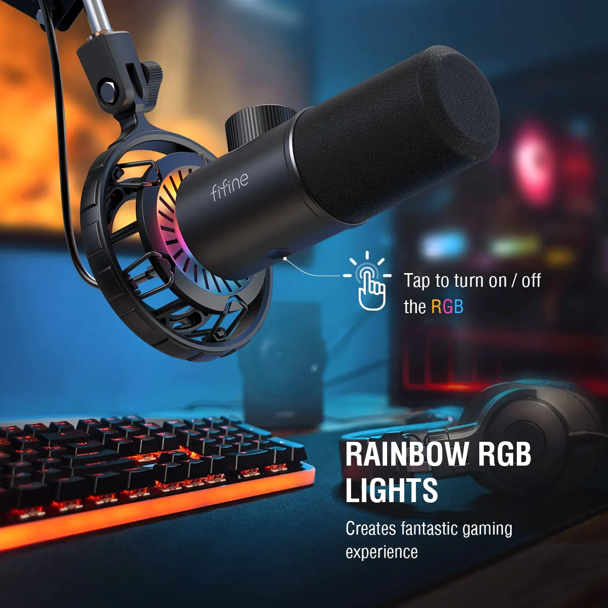FIFINE USB Gaming Microphone, RGB Dynamic Mic for PC, with Tap-to-Mute Button, Plug & Play Cardioid Mic with Headphone Jack for Streaming, Podcast, Twitch, YouTube, Discord- K658 - Image 4