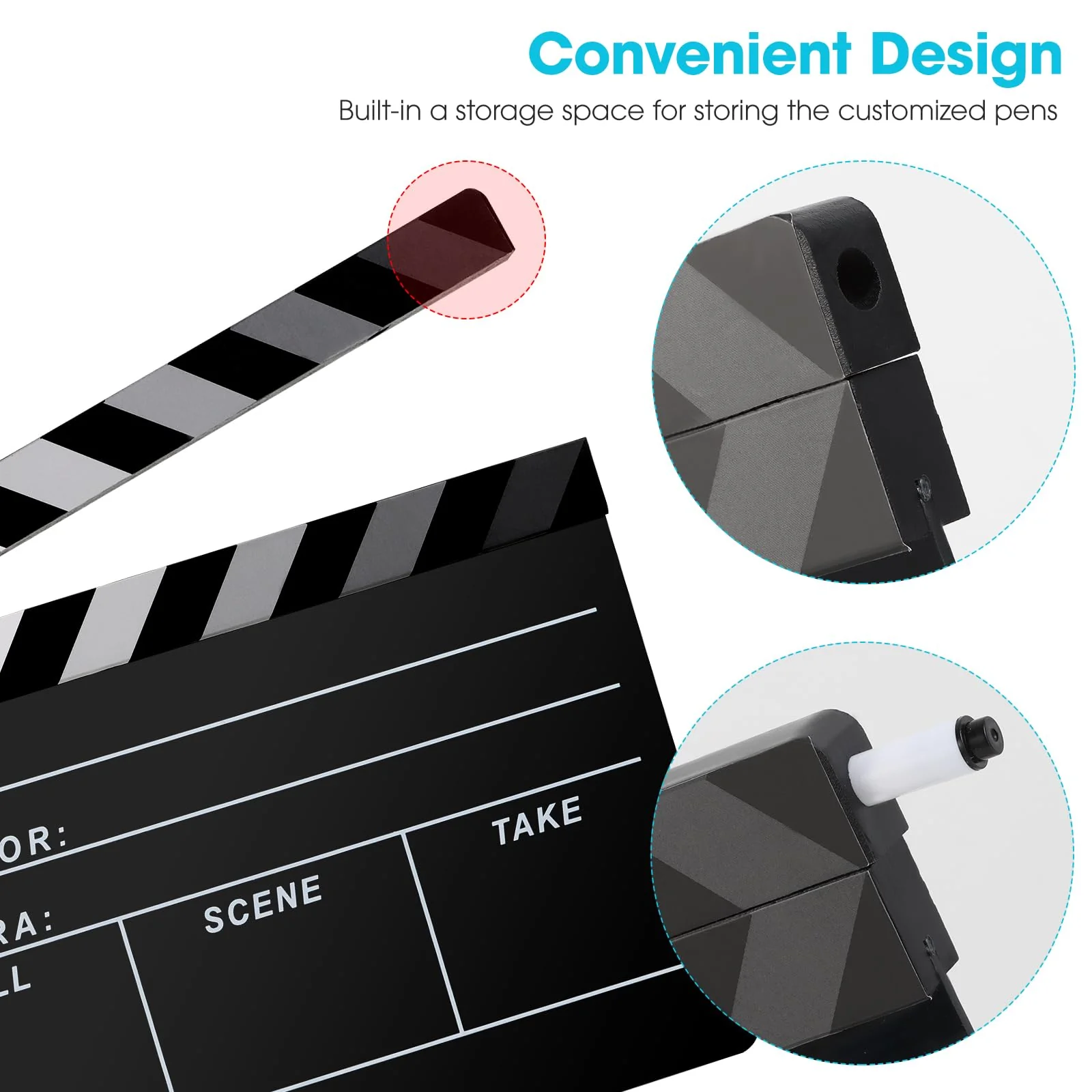 Film Directors Clapboard, Move Slate Photography Video TV Cut Action Scene Acrylic Clapper Board Props with a Magnetic Blackboard Eraser, Two Custom Pens, Cleaning Cloth and Hex Wrench (Black) Black - Image 2