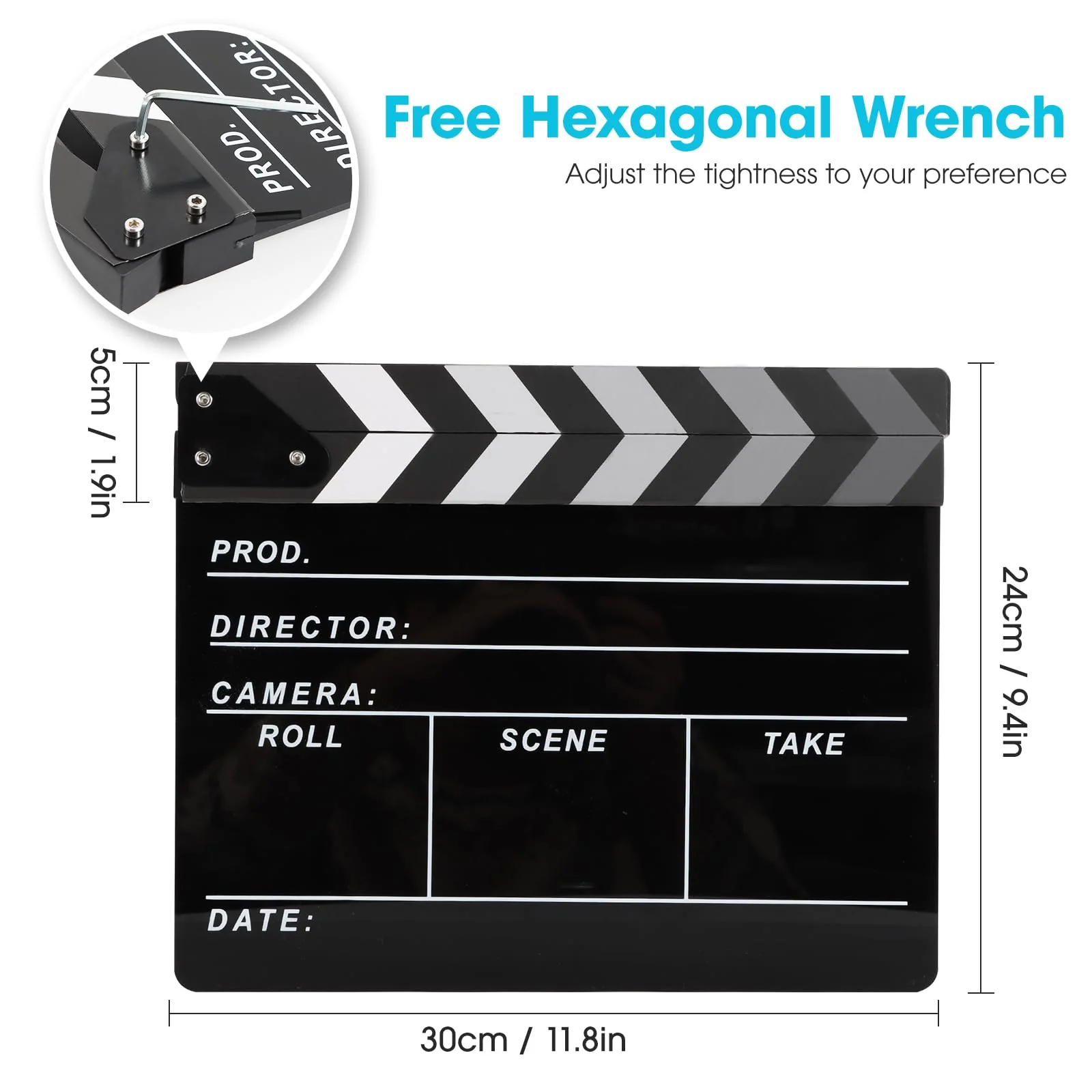 Film Directors Clapboard, Move Slate Photography Video TV Cut Action Scene Acrylic Clapper Board Props with a Magnetic Blackboard Eraser, Two Custom Pens, Cleaning Cloth and Hex Wrench (Black) Black - Image 3