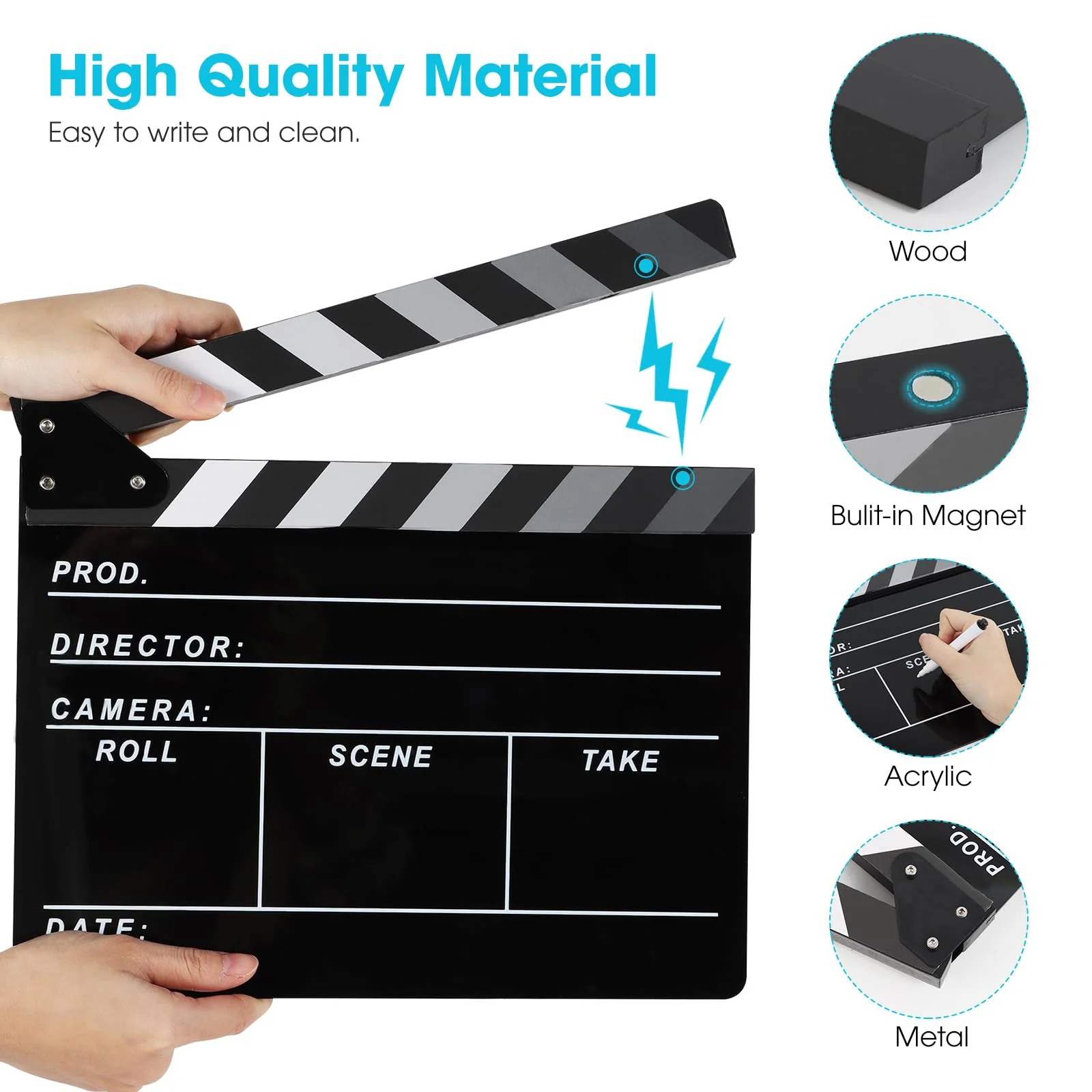 Film Directors Clapboard, Move Slate Photography Video TV Cut Action Scene Acrylic Clapper Board Props with a Magnetic Blackboard Eraser, Two Custom Pens, Cleaning Cloth and Hex Wrench (Black) Black - Image 4