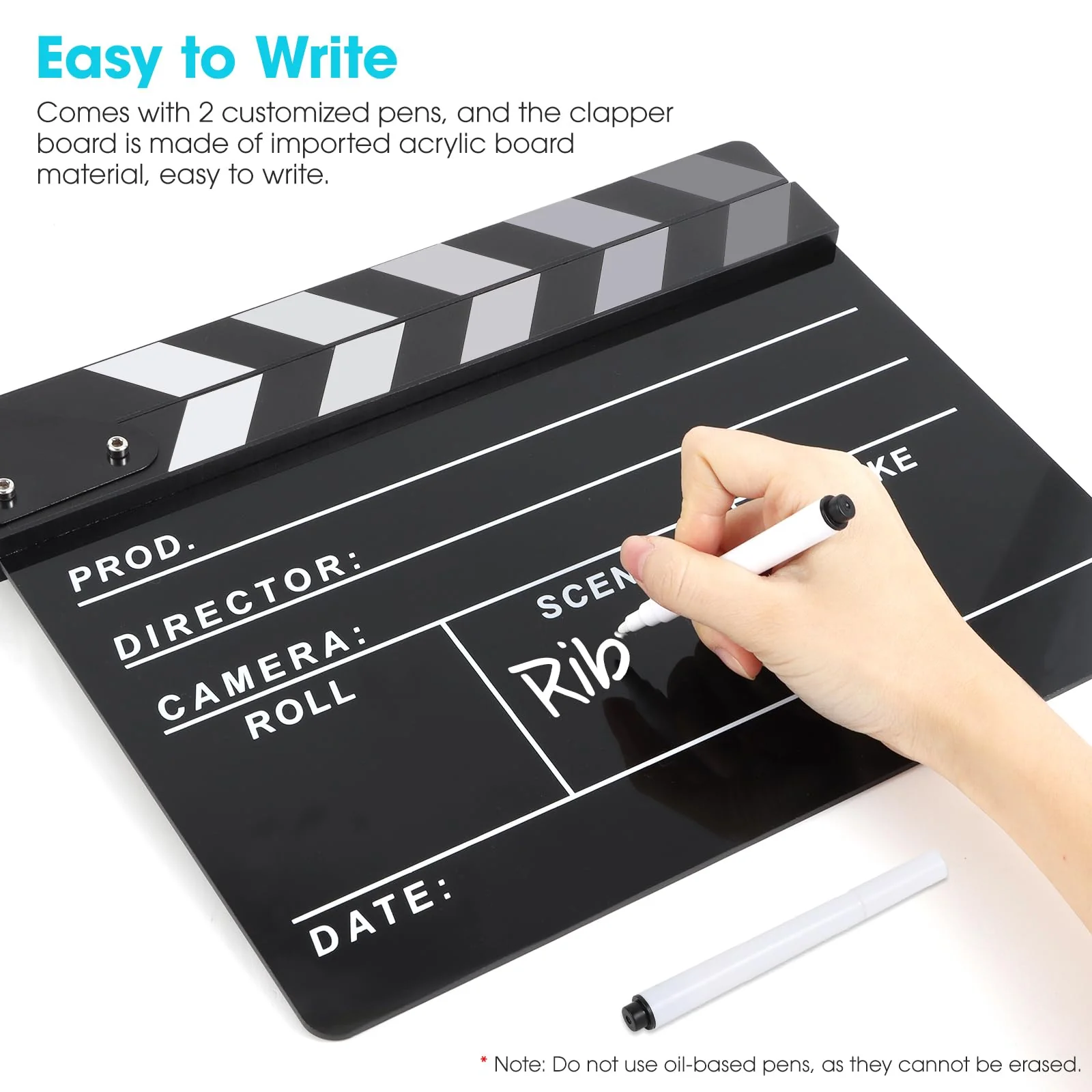 Film Directors Clapboard, Move Slate Photography Video TV Cut Action Scene Acrylic Clapper Board Props with a Magnetic Blackboard Eraser, Two Custom Pens, Cleaning Cloth and Hex Wrench (Black) Black - Image 5