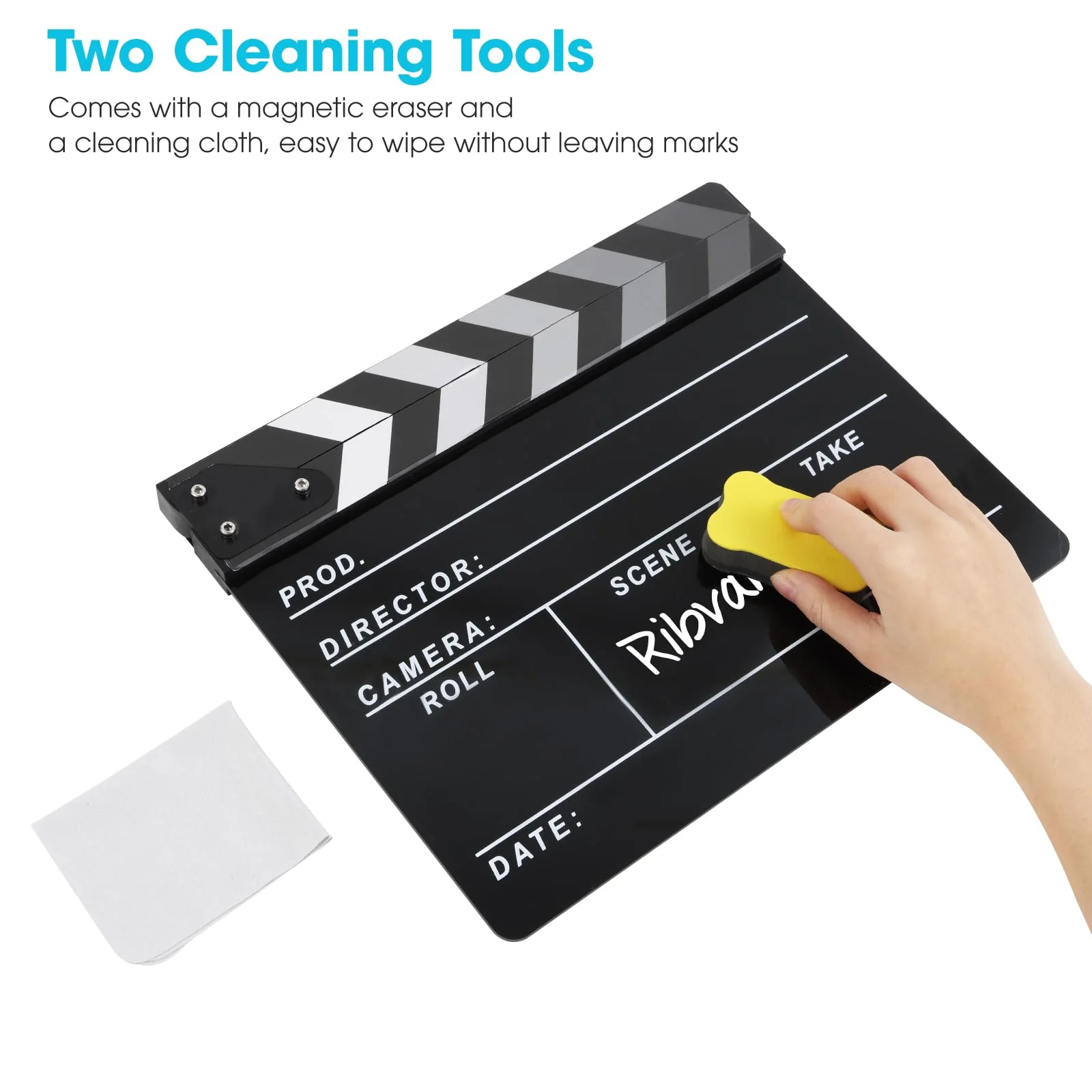 Film Directors Clapboard, Move Slate Photography Video TV Cut Action Scene Acrylic Clapper Board Props with a Magnetic Blackboard Eraser, Two Custom Pens, Cleaning Cloth and Hex Wrench (Black) Black - Image 6