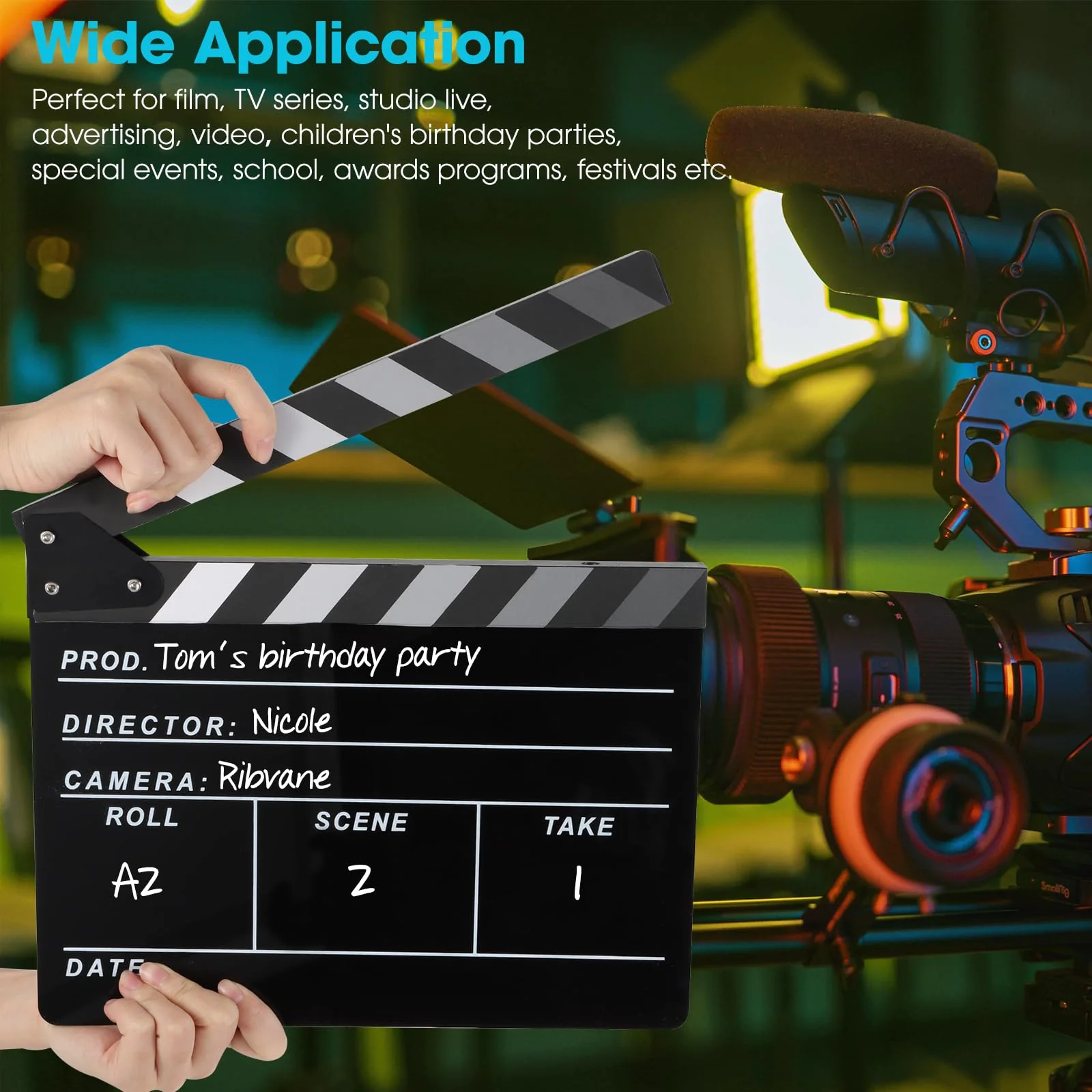 Film Directors Clapboard, Move Slate Photography Video TV Cut Action Scene Acrylic Clapper Board Props with a Magnetic Blackboard Eraser, Two Custom Pens, Cleaning Cloth and Hex Wrench (Black) Black - Image 7