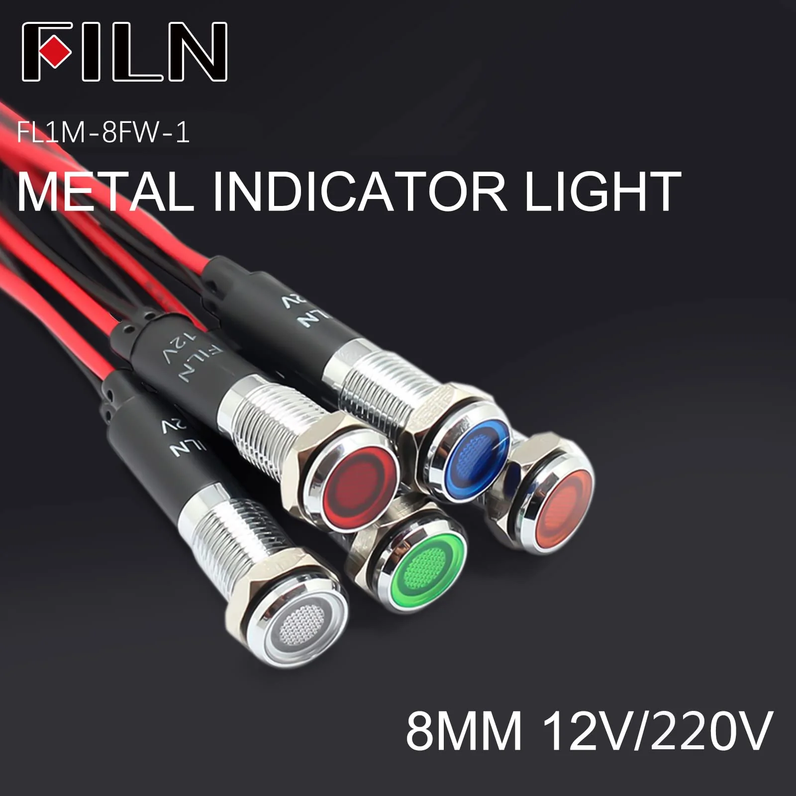 FILN 5 pieces 8 mm (5/16 inch) 12 V LED indicator light, waterproof pilot signal lamp, alarm light, metal panel lights (black, anodised, red5 pieces) red Schwarz eloxiert-12V-5pcs - Image 6