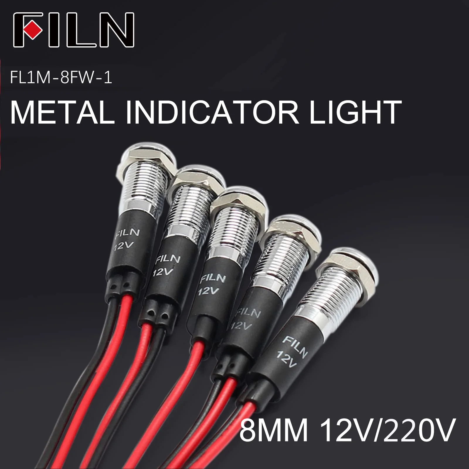 FILN 5 pieces 8 mm (5/16 inch) 12 V LED indicator light, waterproof pilot signal lamp, alarm light, metal panel lights (black, anodised, red5 pieces) red Schwarz eloxiert-12V-5pcs - Image 7