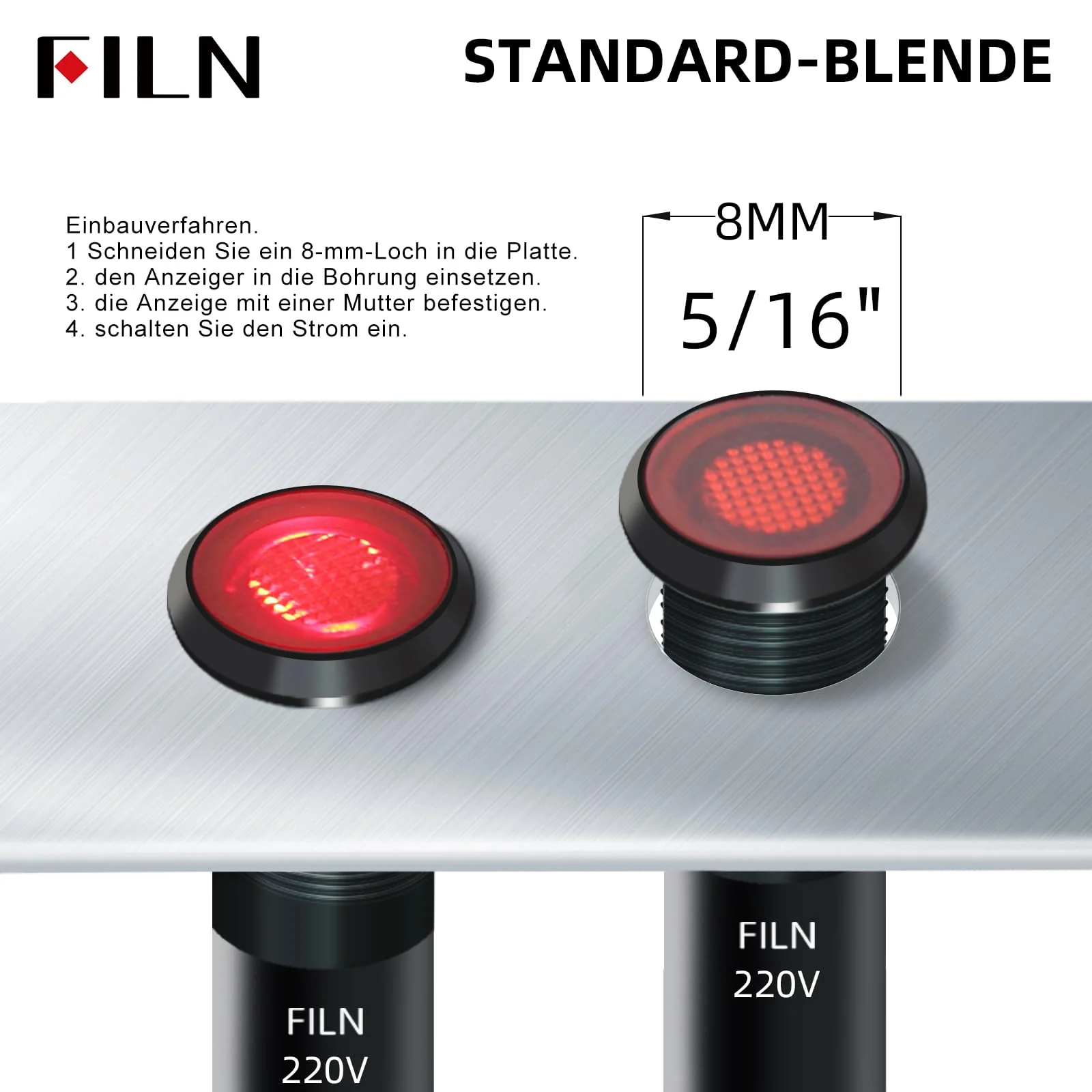 FILN 5 Pieces 8 mm (5/16 Inch) 220 V LED Indicator Light Waterproof Pilot Signal Lamp Indicator Light Metal Panel Lights (220 V Black Anodised Yellow, Pack of 5) Schwarz eloxiert-220V - Image 2