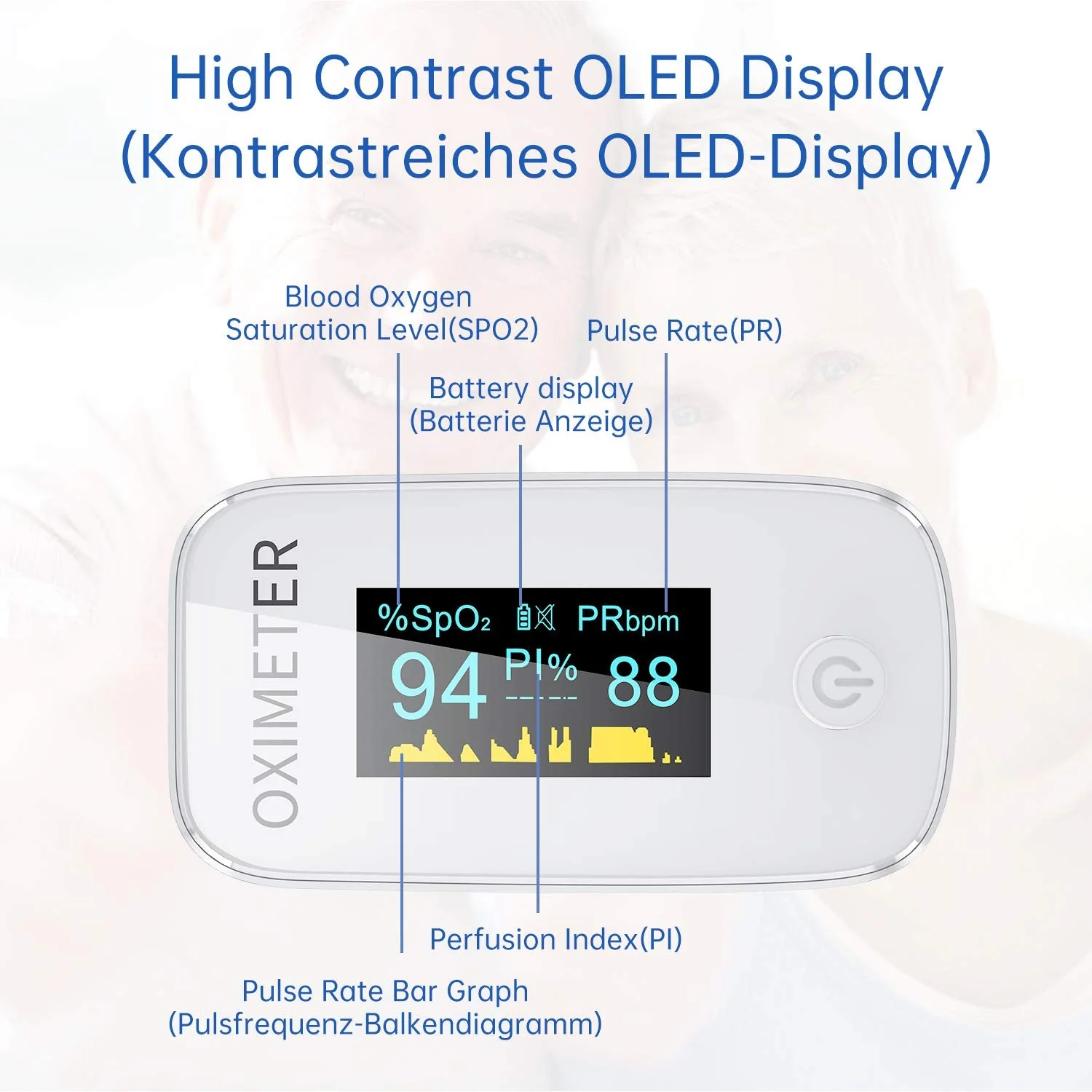 Finger Pulse Oximeter with Alarm, Ideal for Quick Oxygen Saturation (SpO2) Results, OLED Display, Simple Pulse Monitor for Adults, White YMB201 - Image 2