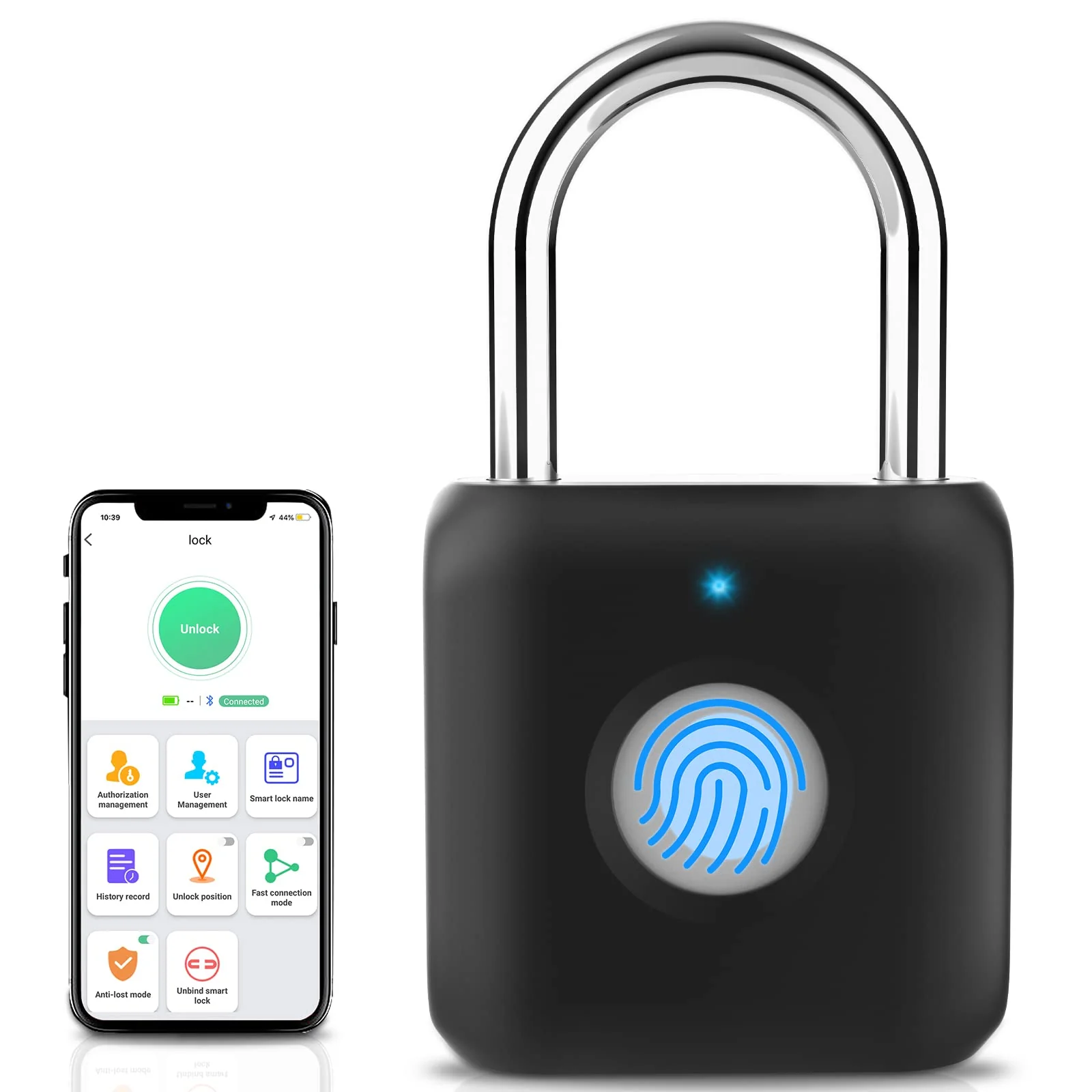 Fingerprint Padlock, Pothunder Padlock, Locker Lock, Combination Lock, Gym Locker Lock with Fingerprint and Bluetooth Unlock, USB Rechargeable, Suitable for Gym, Gate, Door, School, Locker(P8BF-Black) Black