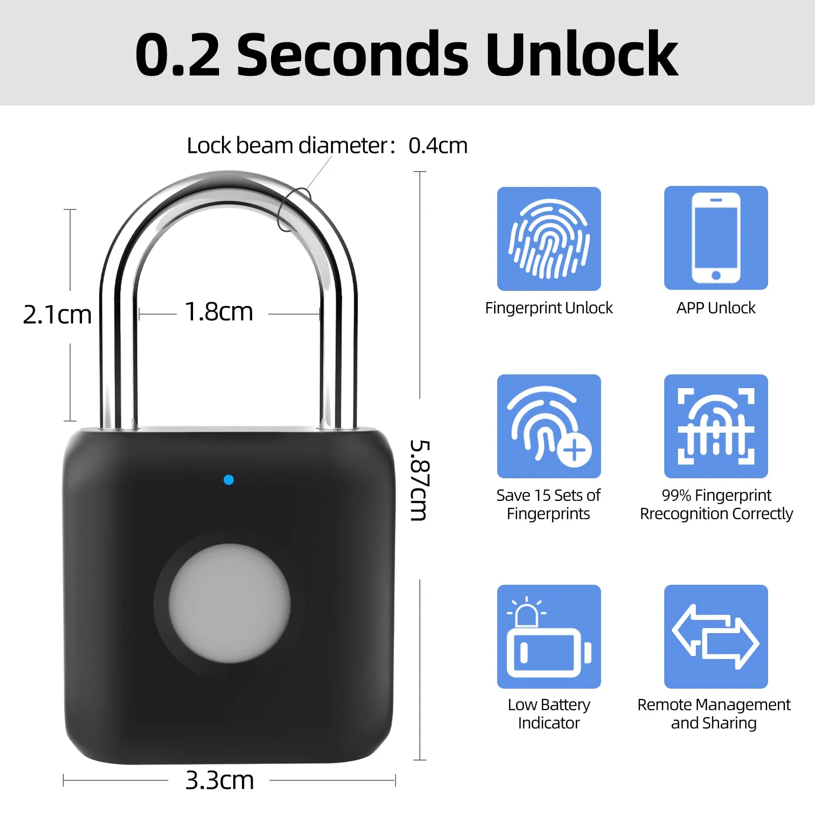 Fingerprint Padlock, Pothunder Padlock, Locker Lock, Combination Lock, Gym Locker Lock with Fingerprint and Bluetooth Unlock, USB Rechargeable, Suitable for Gym, Gate, Door, School, Locker(P8BF-Black) Black - Image 3