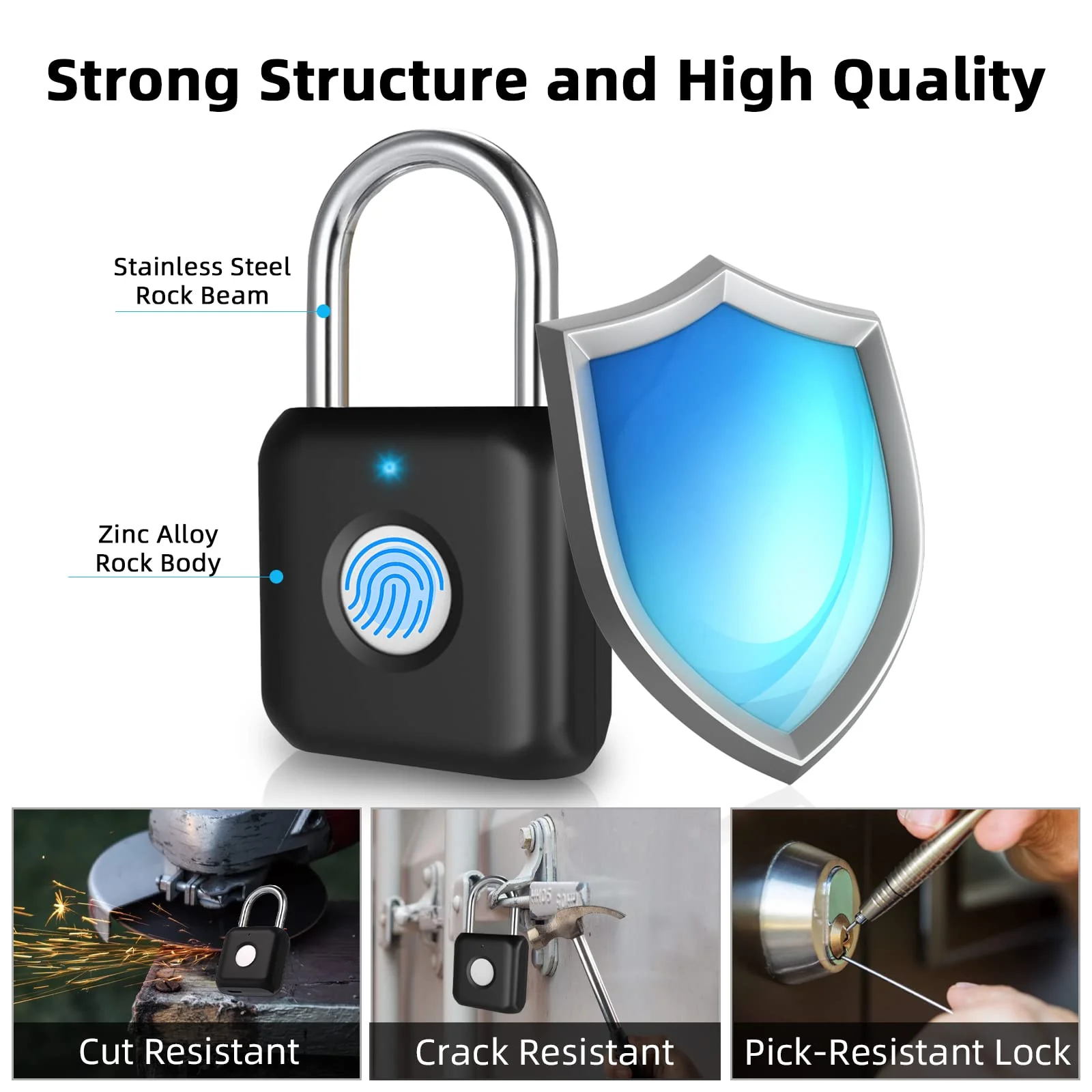 Fingerprint Padlock, Pothunder Padlock, Locker Lock, Combination Lock, Gym Locker Lock with Fingerprint and Bluetooth Unlock, USB Rechargeable, Suitable for Gym, Gate, Door, School, Locker(P8BF-Black) Black - Image 4